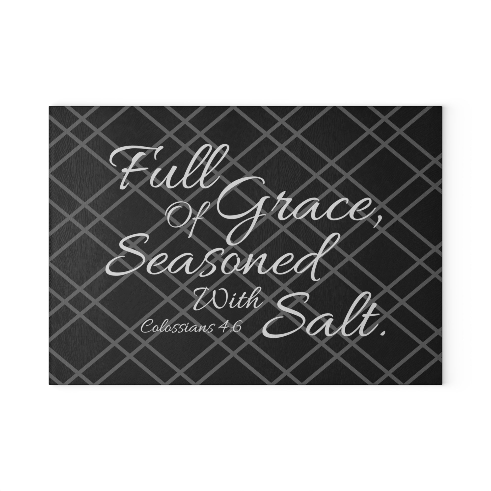 Black Bible Verse Glass Cutting Board. Full Of Grace, Seasoned With Salt. Christian Kitchenware. Christian Home Decor