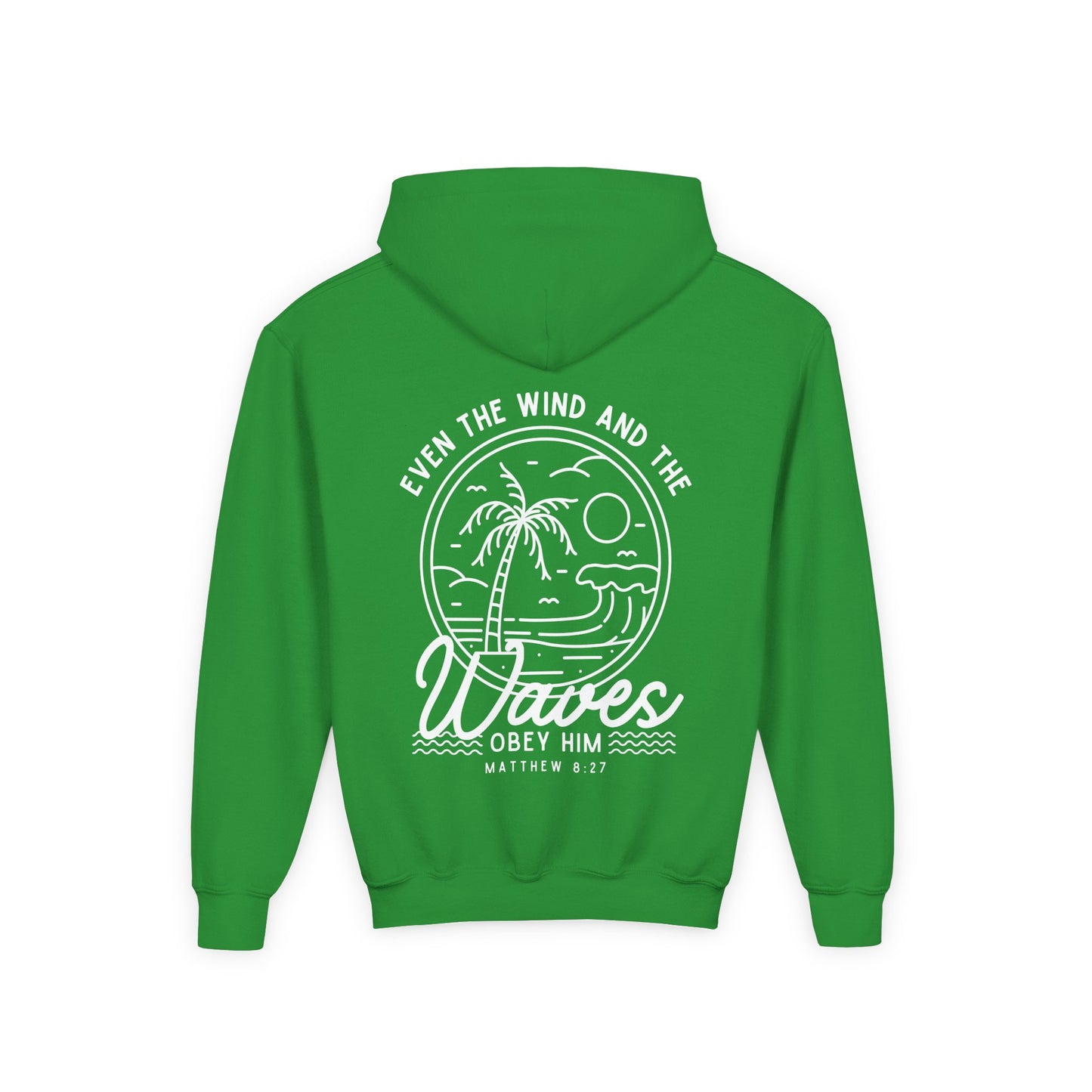 Youth 'Even The Wind And The Waves Obey Him' Bible Verse Hoodie, Beach Vibes Kids Hooded Sweatshirt, Faith-Inspired Teen Hoodie
