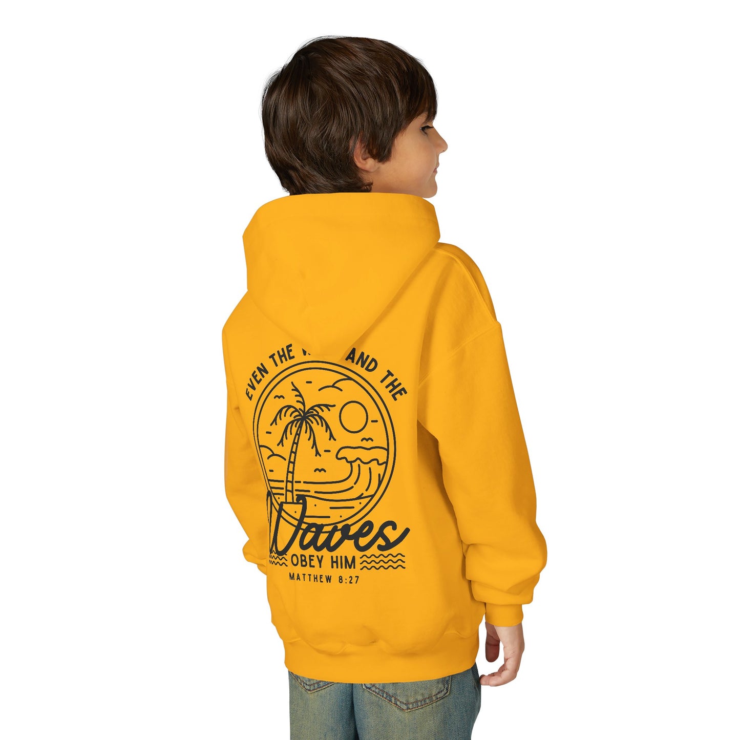 Youth 'Even The Wind And The Waves Obey Him' Bible Verse Hoodie, Beach Vibes Kids Hooded Sweatshirt, Faith-Inspired Teen Hoodie