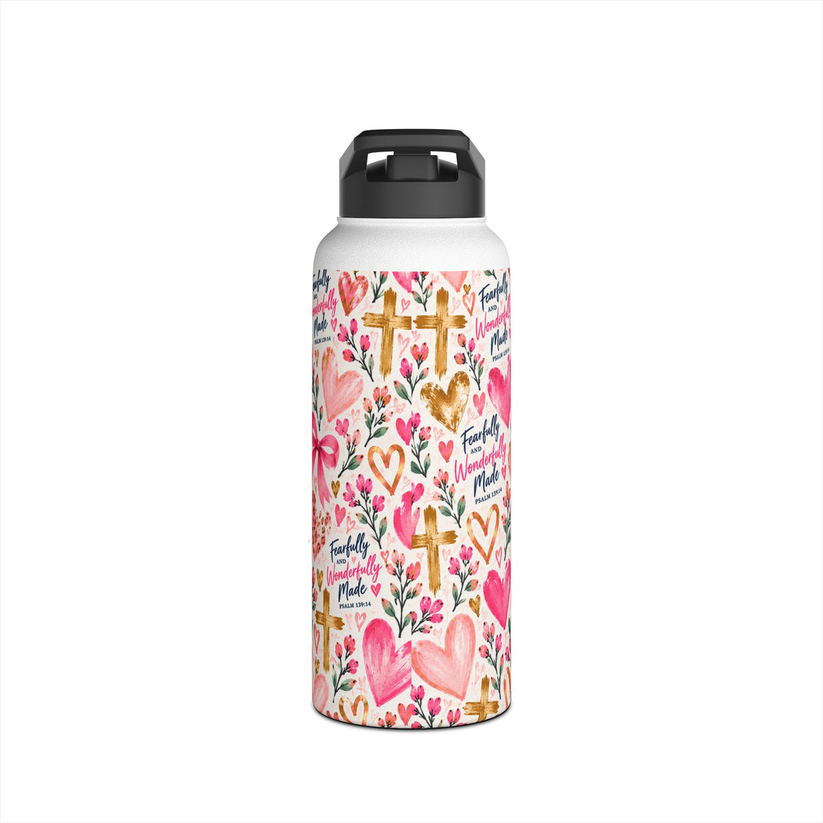 Fearfully and Wonderfully Made Christian insulated water bottle for girls featuring Psalm 139:14, pink hearts, bows, flowers, and gold crosses.