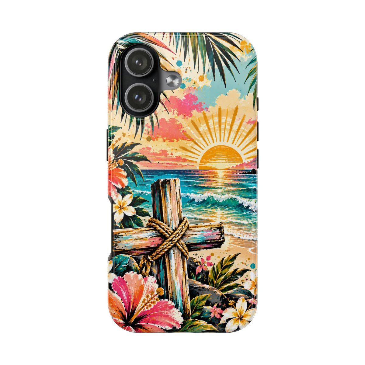Tropical Cross Christian Phone Case | Beach Sunset & Floral Faith-Inspired Protective Case