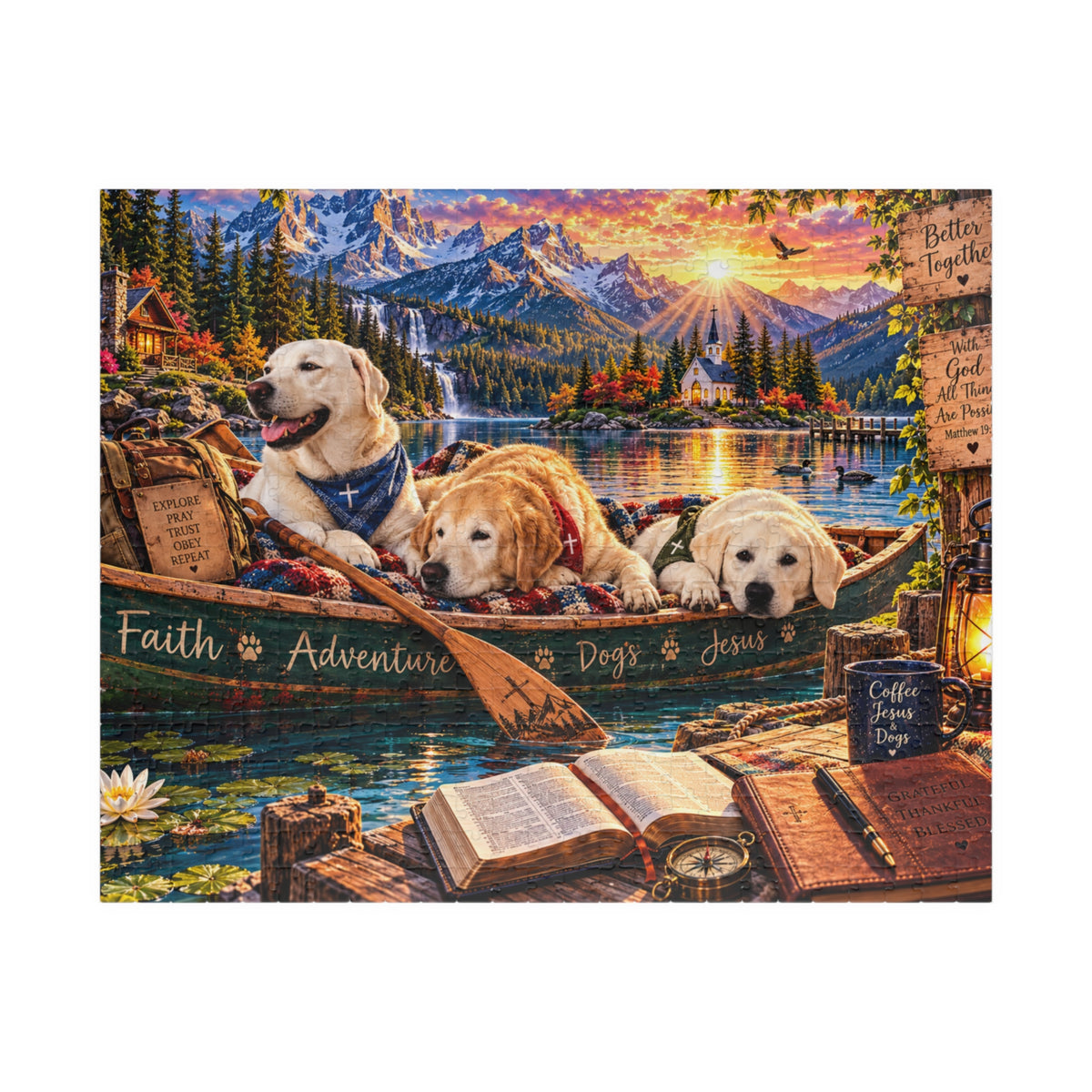 Christian Labrador Retriever jigsaw puzzle featuring three dogs in a canoe on a mountain lake at sunset, with a waterfall, chapel, Bible, and faith-inspired messages.
 Copy alt text