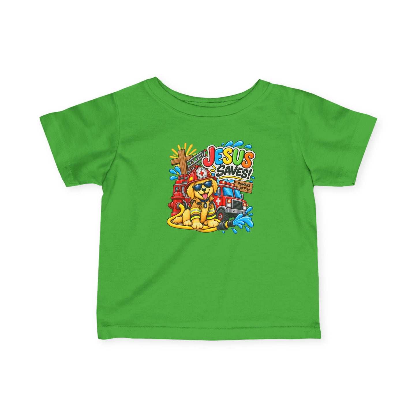 Jesus Saves Firefighter Puppy Infant T-Shirt | Christian Baby Bible Verse Tee | Romans 10:13 Faith Shirt