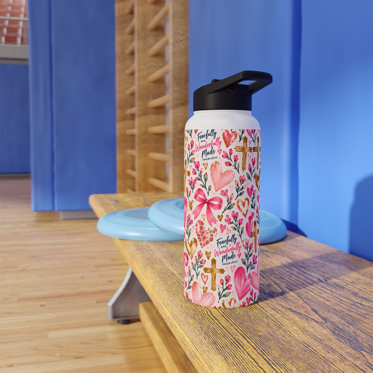 Fearfully and Wonderfully Made Christian insulated water bottle for girls featuring Psalm 139:14, pink hearts, bows, flowers, and gold crosses.