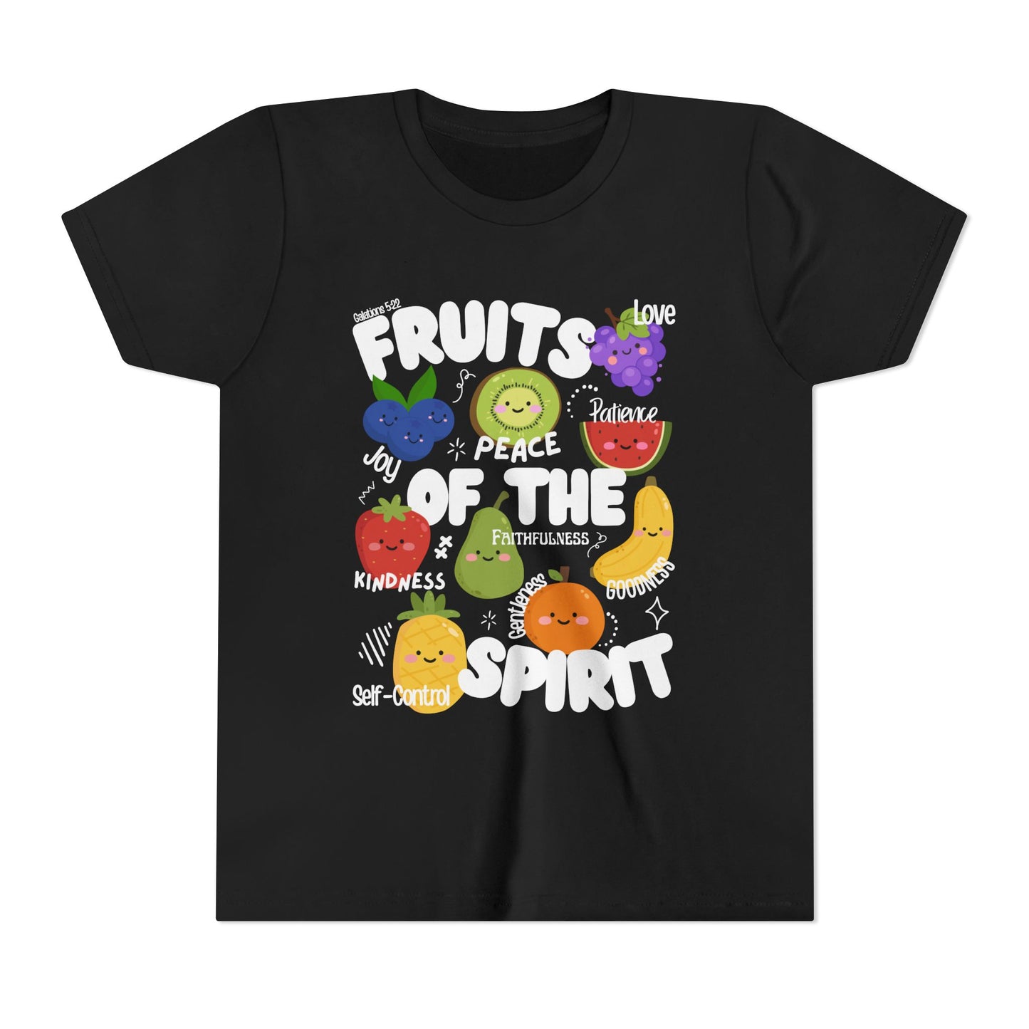 'Fruits of the Spirit' Kids Christian T-Shirt, Youth Bible Verse T-Shirt (Peace, Joy, Kindness)
