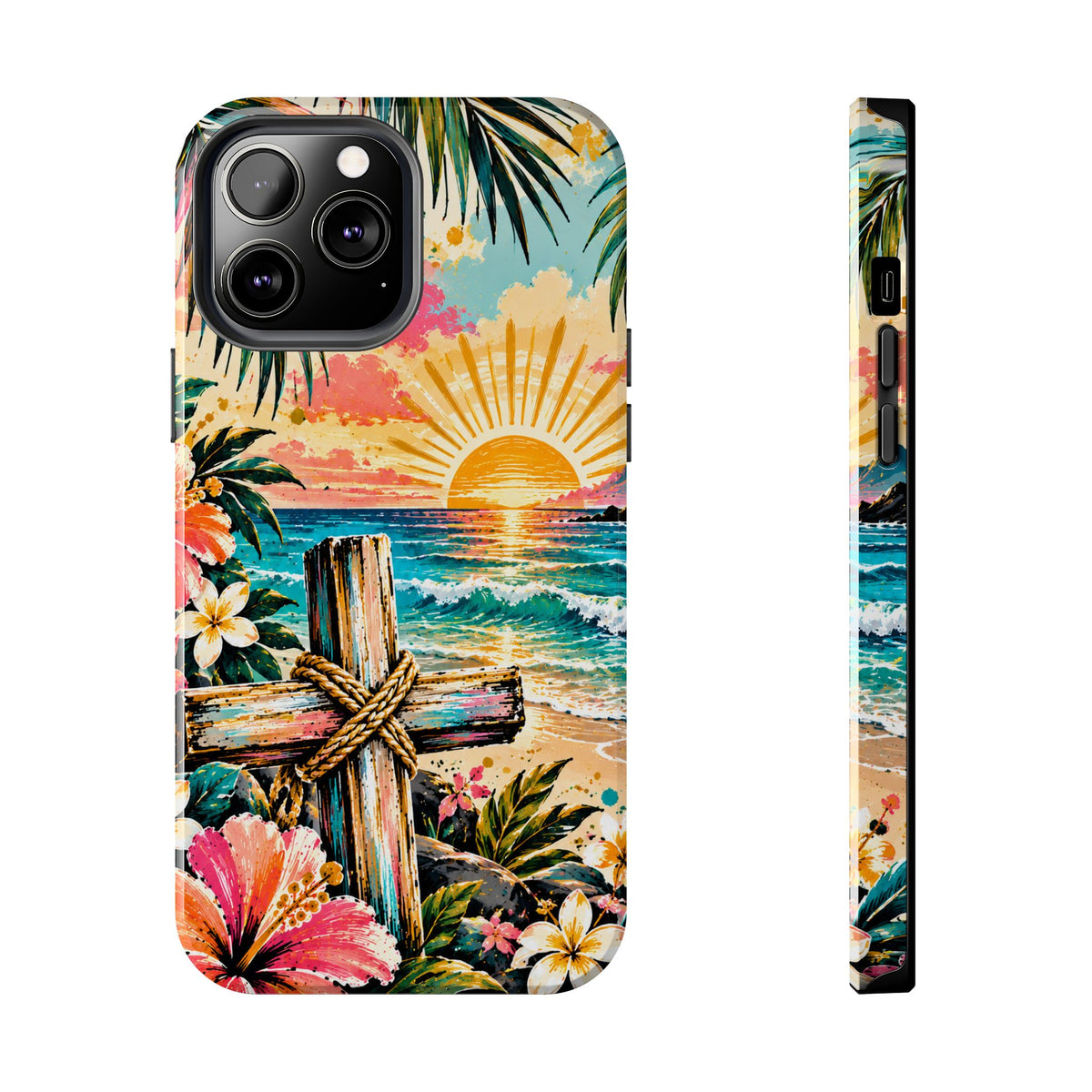 Tropical Cross Christian Phone Case | Beach Sunset & Floral Faith-Inspired Protective Case