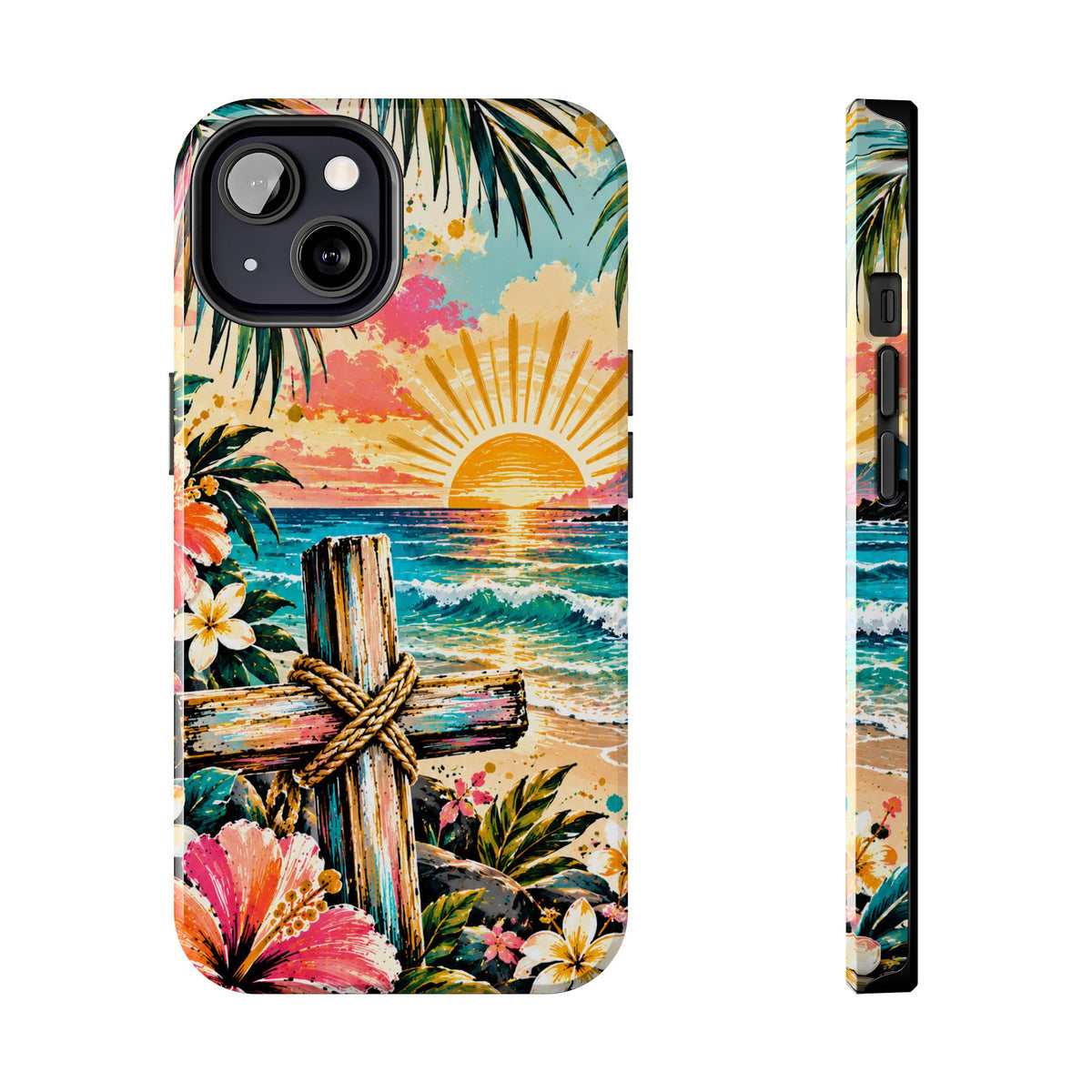 Tropical Cross Christian Phone Case | Beach Sunset & Floral Faith-Inspired Protective Case