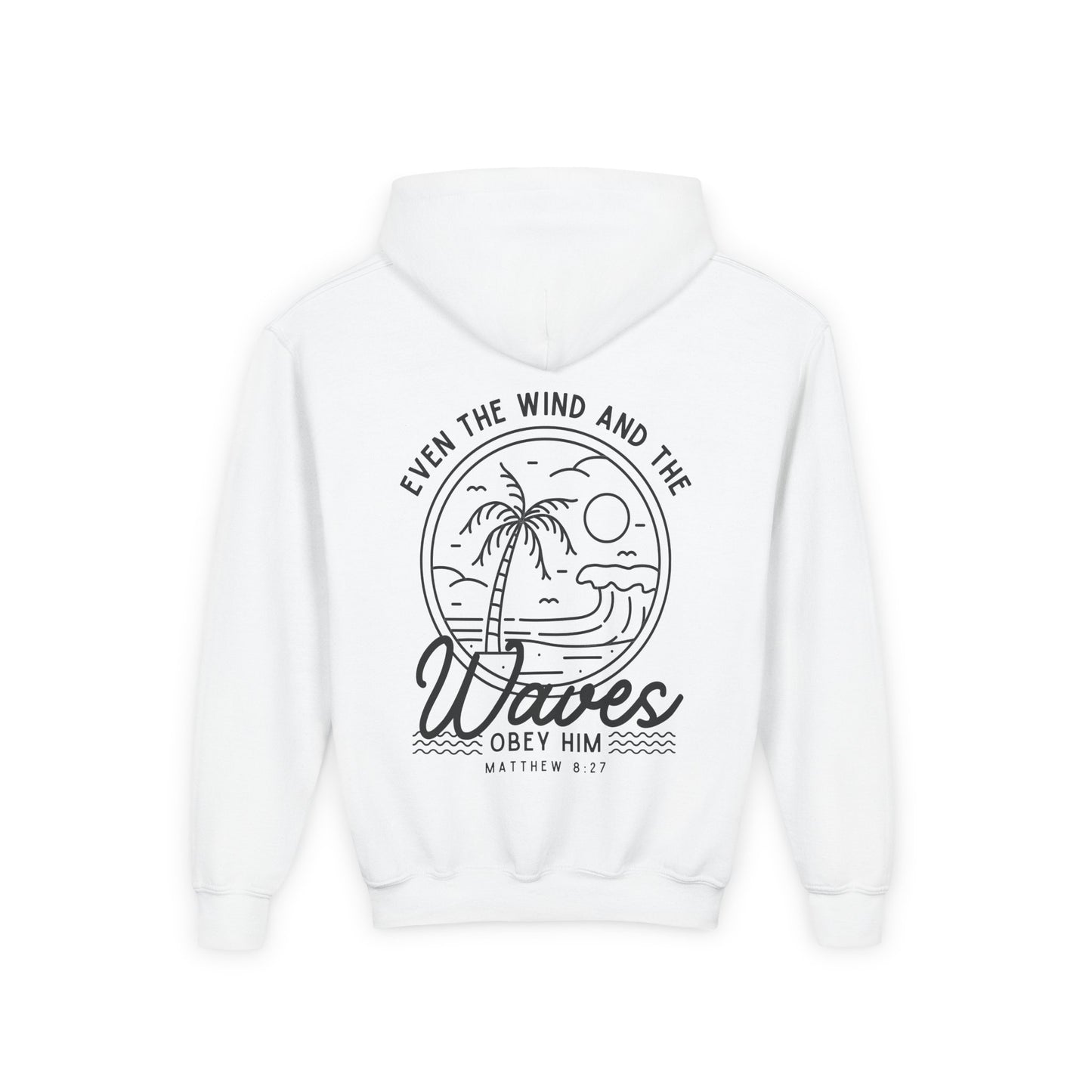 Youth 'Even The Wind And The Waves Obey Him' Bible Verse Hoodie, Beach Vibes Kids Hooded Sweatshirt, Faith-Inspired Teen Hoodie