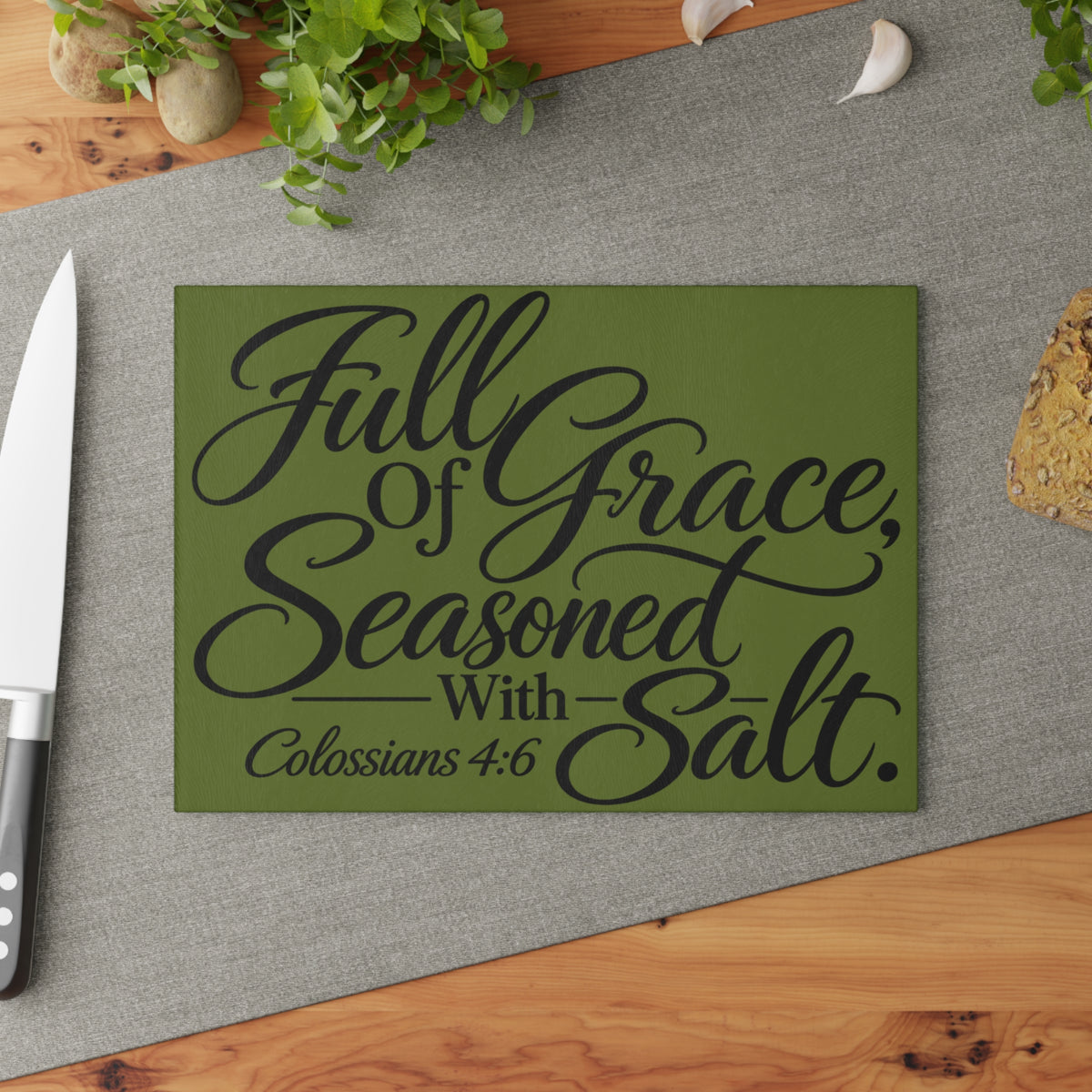 Full of Grace, Seasoned with Salt Glass Cutting Board | Olive Green Christian Kitchen Decor | Colossians 4:6