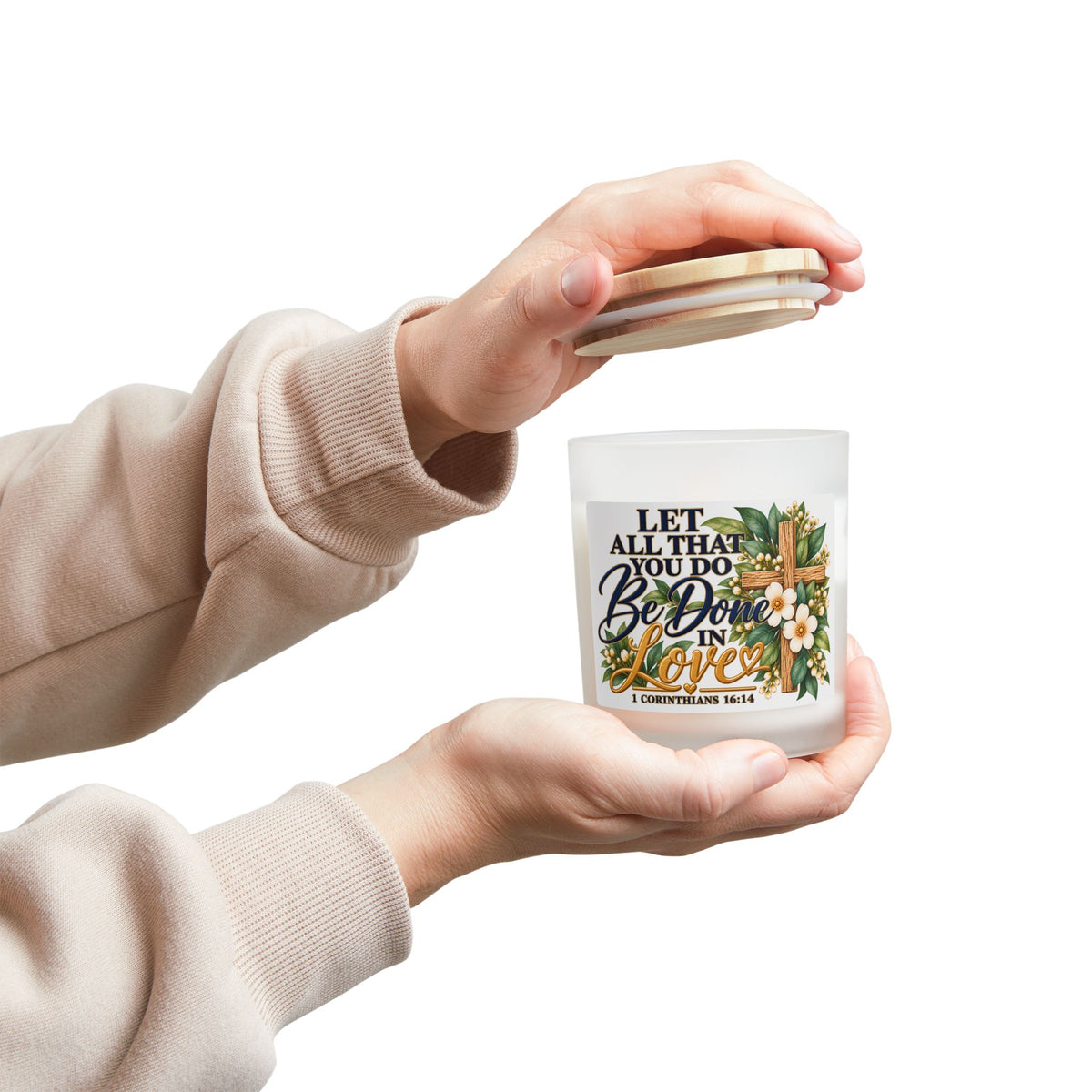 Christian Scented Candle — "Let All That You Do Be Done in Love" 1 Corinthians 16:14, Frosted Glass, 11 oz