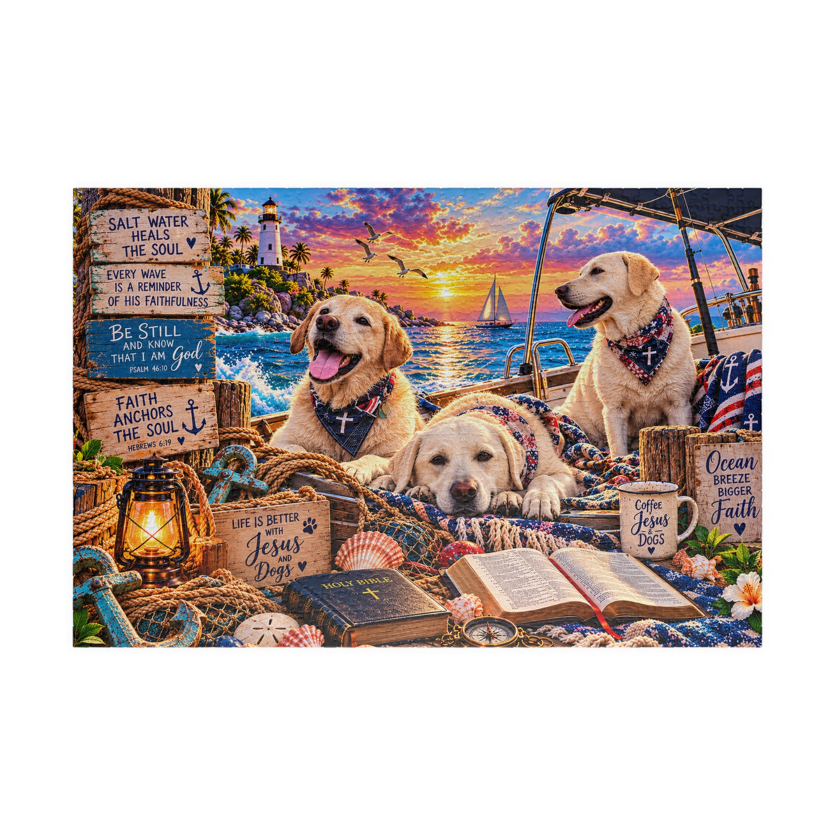 Christian Labrador Retriever jigsaw puzzle featuring three dogs on a boat at sunset with Bible verses, lighthouse, and coastal artwork