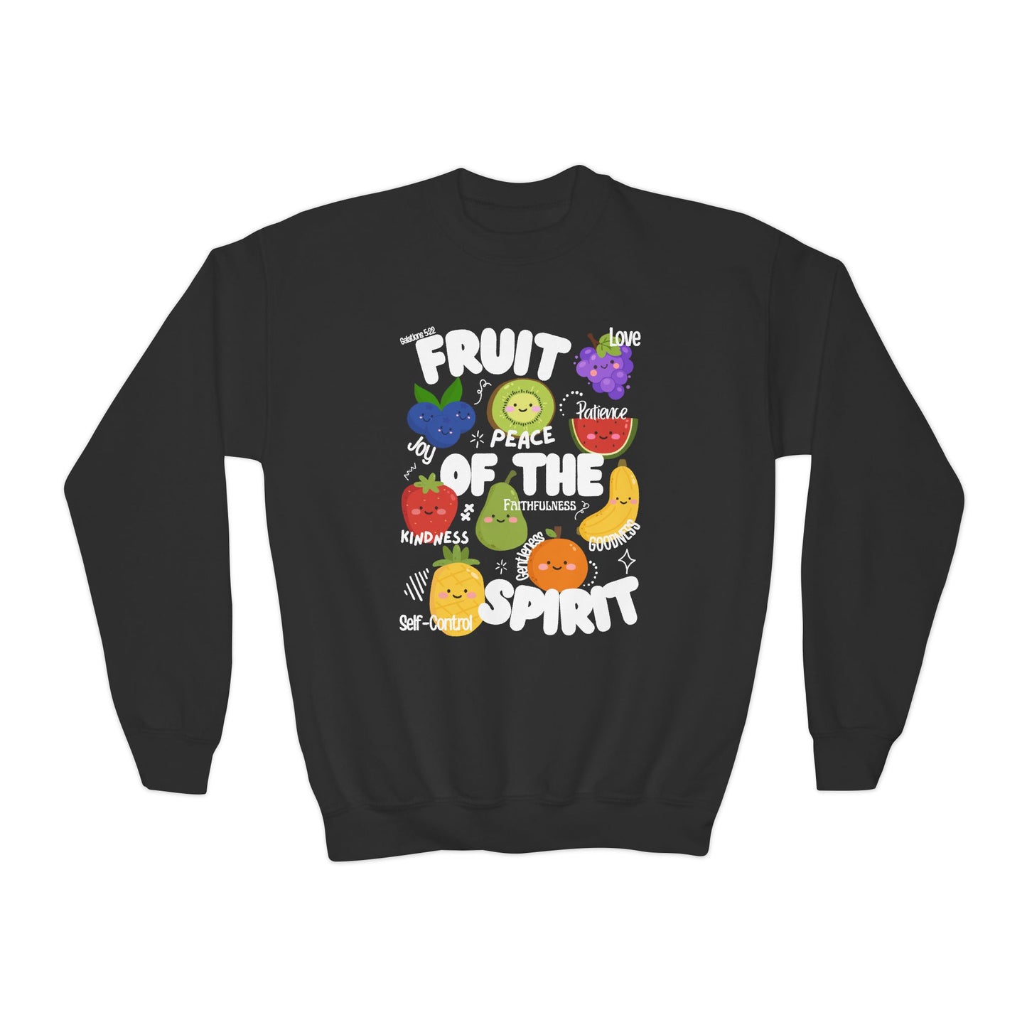 Kids Fruit of the Spirit Christian Crewneck Sweatshirt | Galatians 5:22–23 Youth Bible Verse Sweatshirt