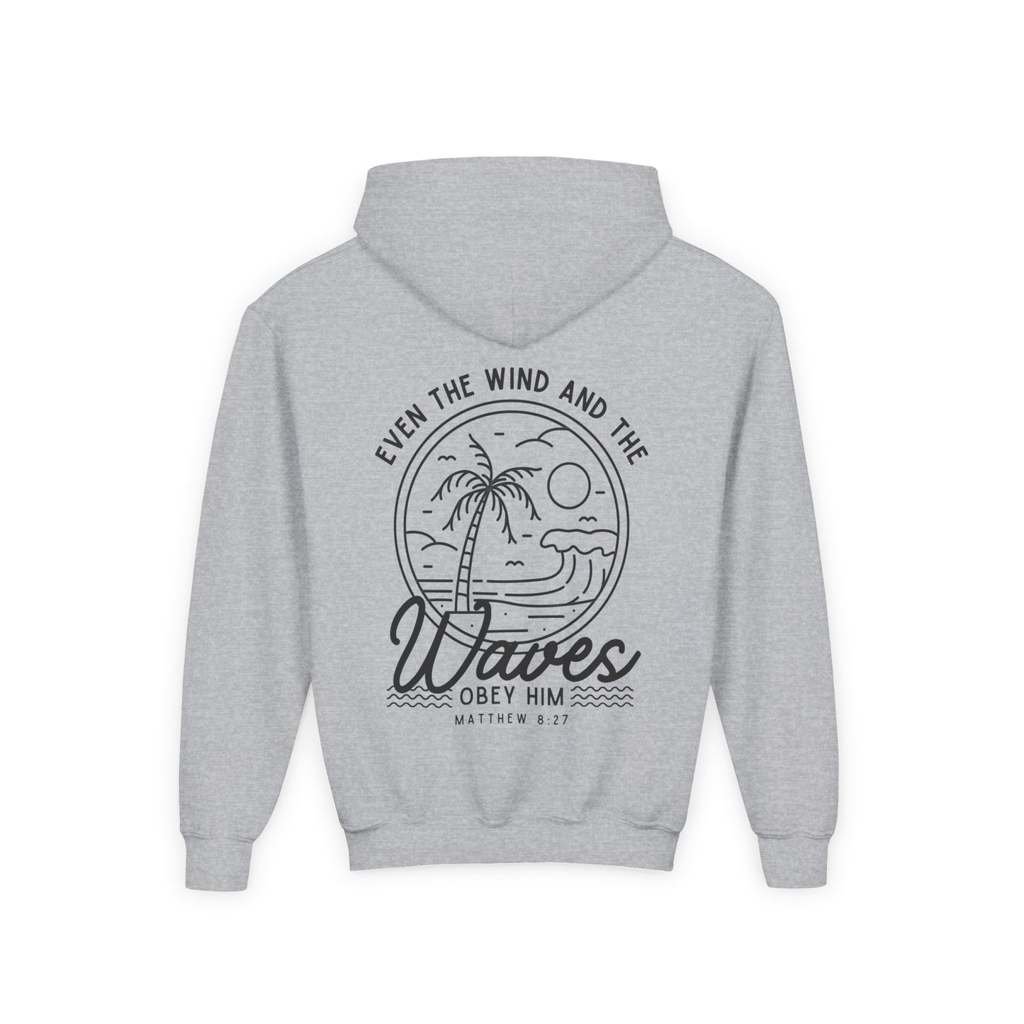 Youth 'Even The Wind And The Waves Obey Him' Bible Verse Hoodie, Beach Vibes Kids Hooded Sweatshirt, Faith-Inspired Teen Hoodie