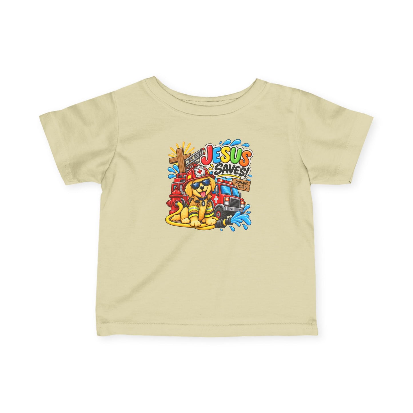 Jesus Saves Firefighter Puppy Infant T-Shirt | Christian Baby Bible Verse Tee | Romans 10:13 Faith Shirt