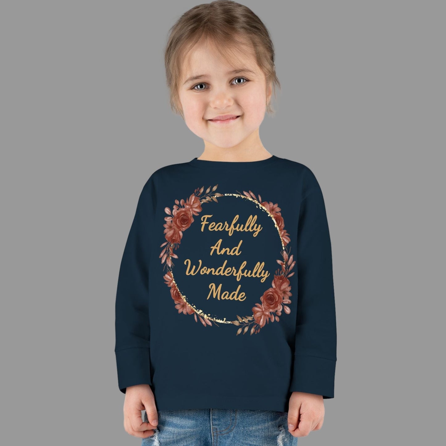 Toddler Fearfully And Wonderfully Made Long Sleeve Tee, Charming Kids Shirt, Baby Birthday Gift, Cute Toddler Floral Bible Verse Design Tee
