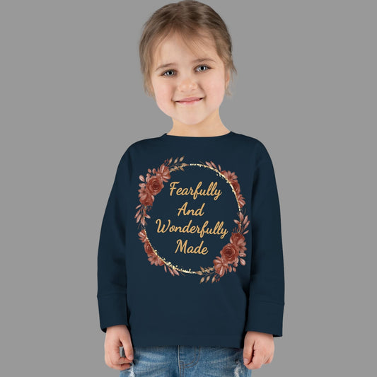 Toddler Fearfully And Wonderfully Made Long Sleeve Tee, Charming Kids Shirt, Baby Birthday Gift, Cute Toddler Floral Bible Verse Design Tee