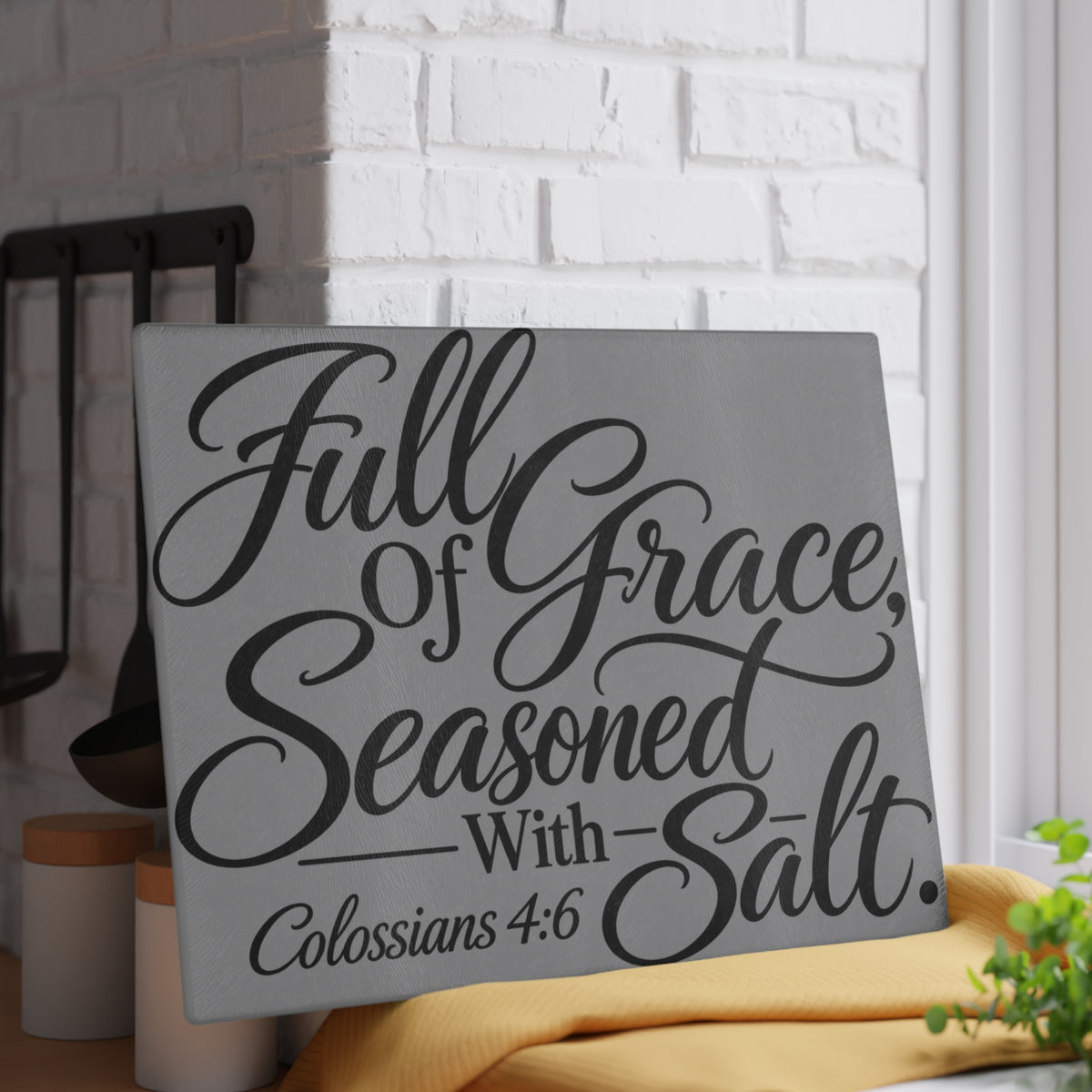 Full of Grace Seasoned with Salt Glass Cutting Board | Grey Christian Kitchen Decor | Colossians 4:6
