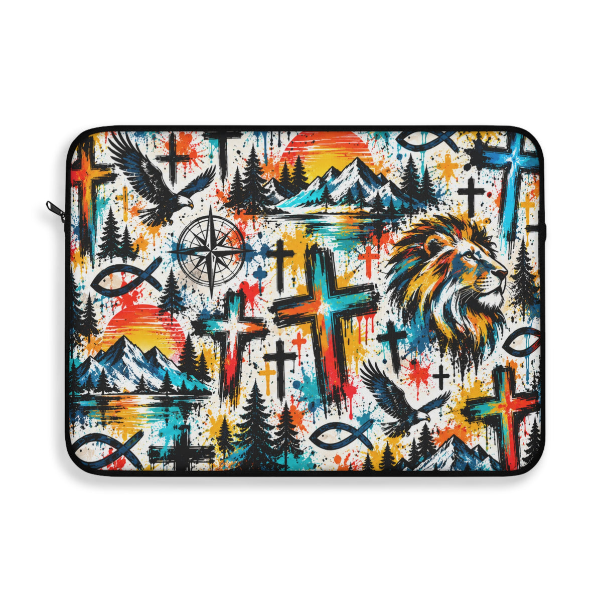 Colorful Christian graffiti laptop sleeve featuring a lion, crosses, eagles, mountains, and Christian fish symbols in vibrant blue, orange, yellow, and black.