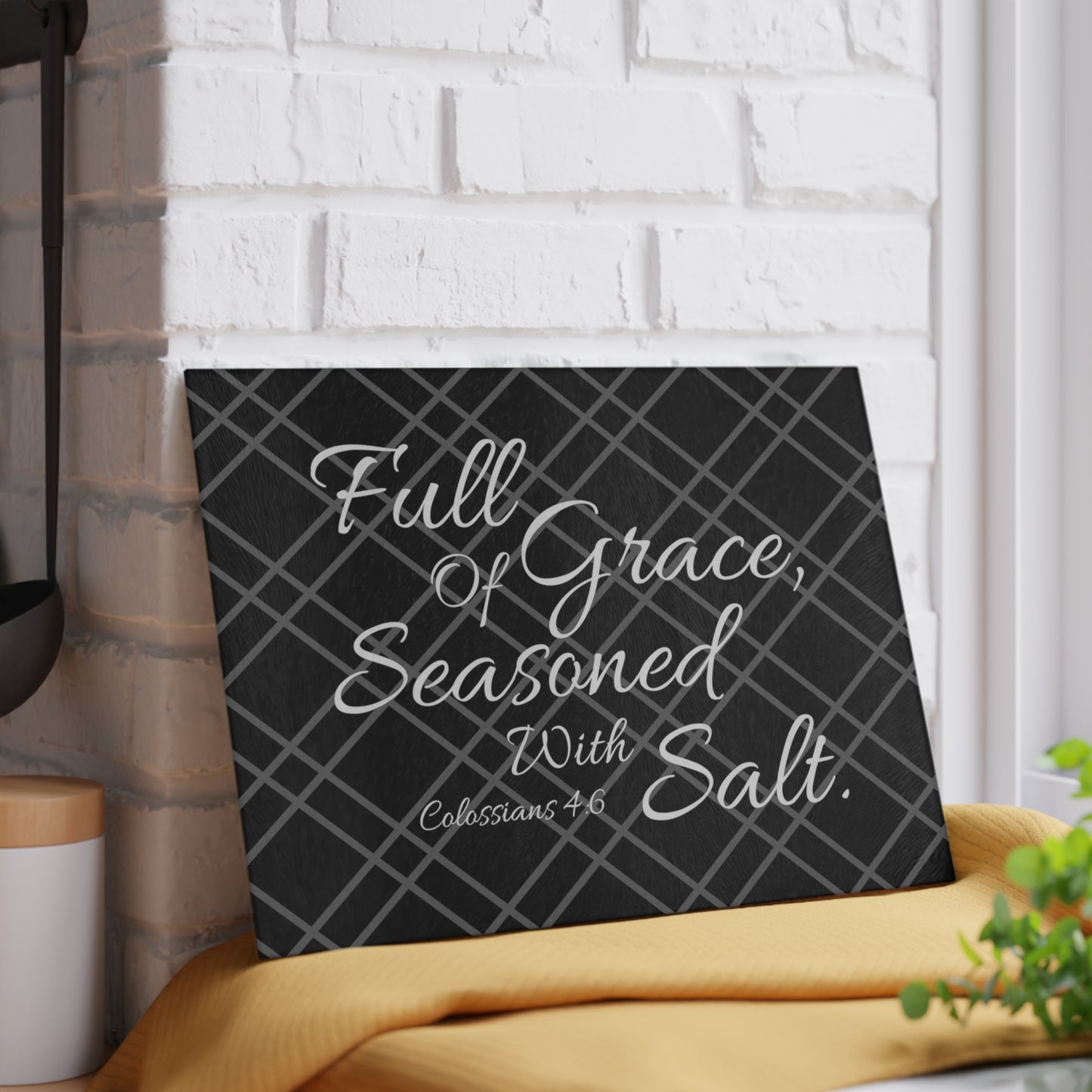 Black Bible Verse Glass Cutting Board. Full Of Grace, Seasoned With Salt. Christian Kitchenware. Christian Home Decor