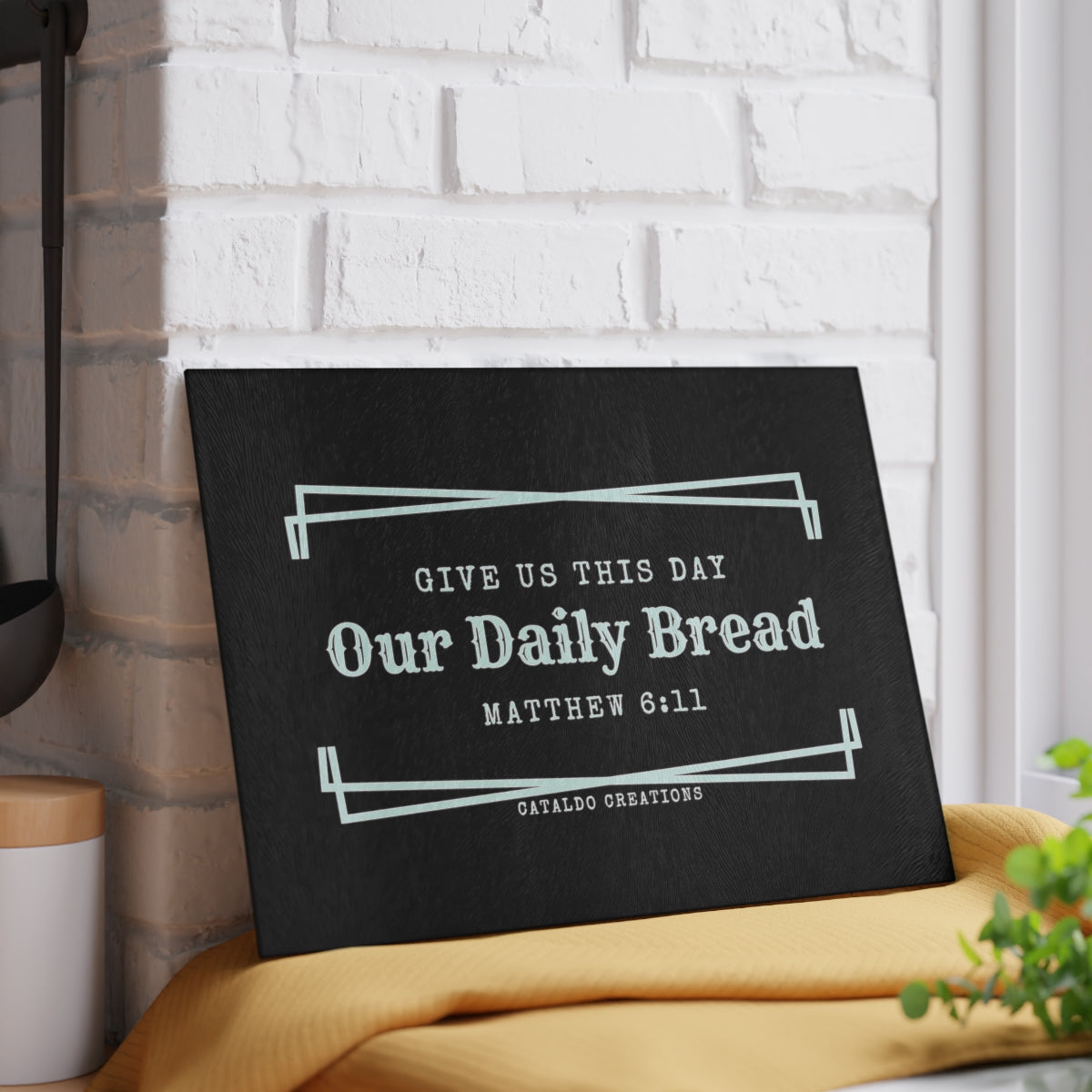 Give Us This Day Our Daily Bread. Matthew 6:11 bible verse glass kitchen cutting board. Perfect for the Christian home and Christian kitchen!