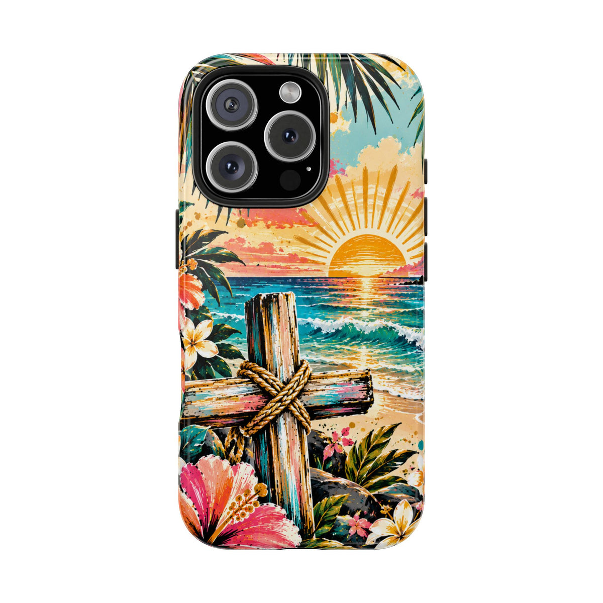 Tropical Cross Christian Phone Case | Beach Sunset & Floral Faith-Inspired Protective Case