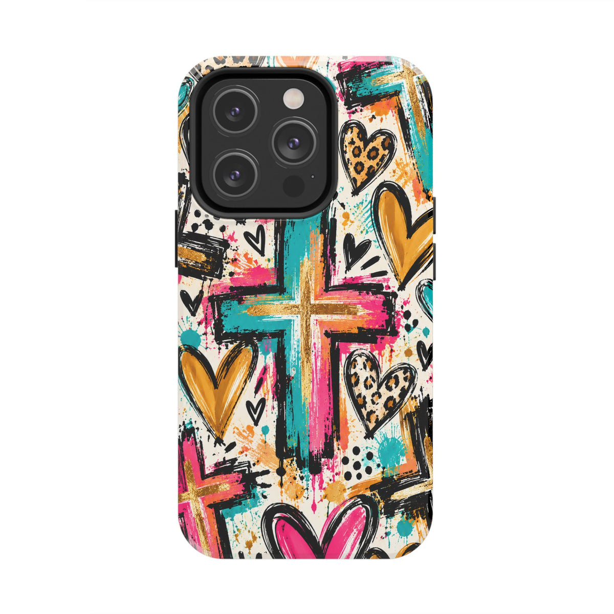 Jesus Cross & Hearts Christian Phone Case | Colorful Faith-Inspired Protective Case for iPhone & Samsung Galaxy