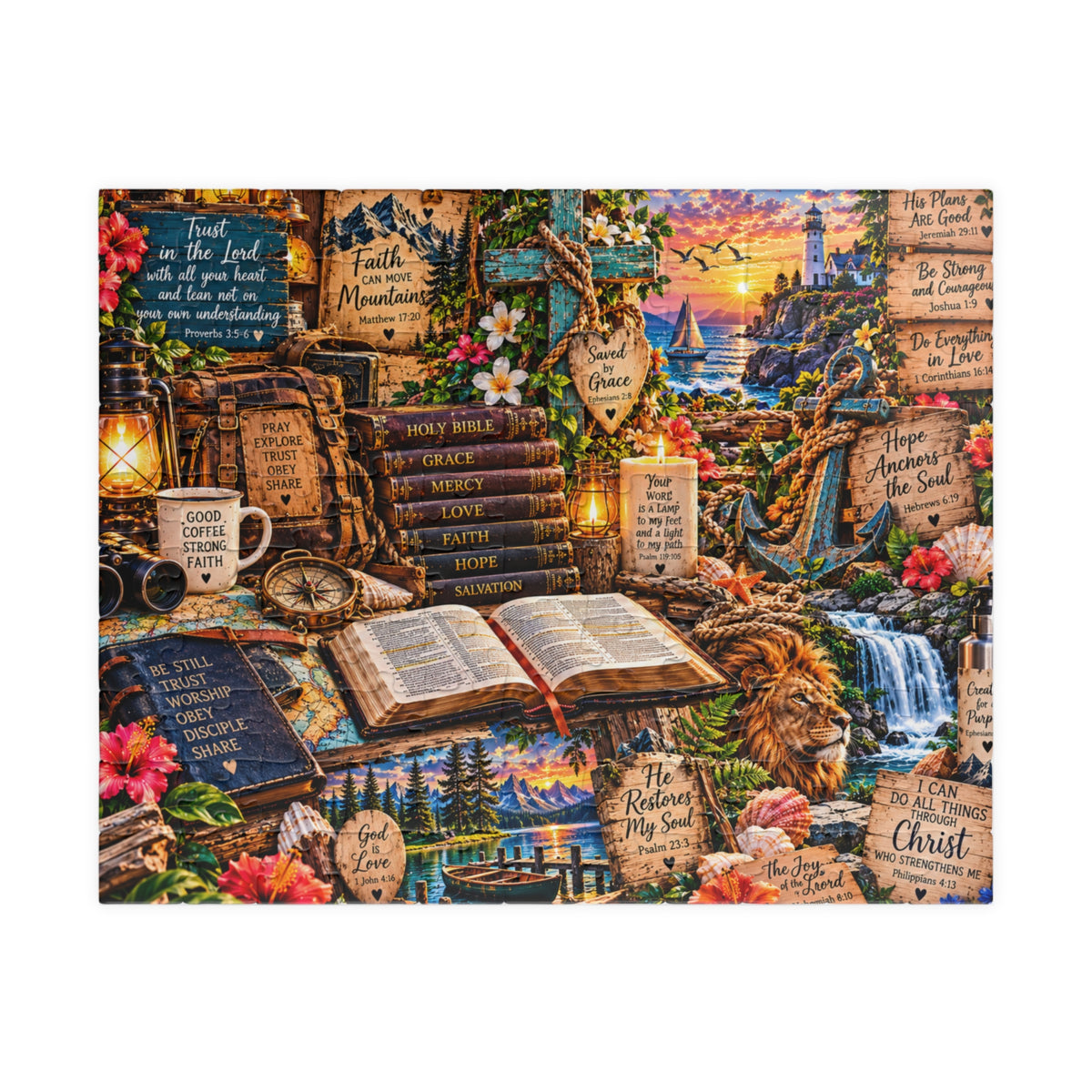 Completed Christian Scripture jigsaw puzzle displaying Bible verses, a lion, cross, lighthouse, ocean sunset, and colorful faith-inspired artwork.