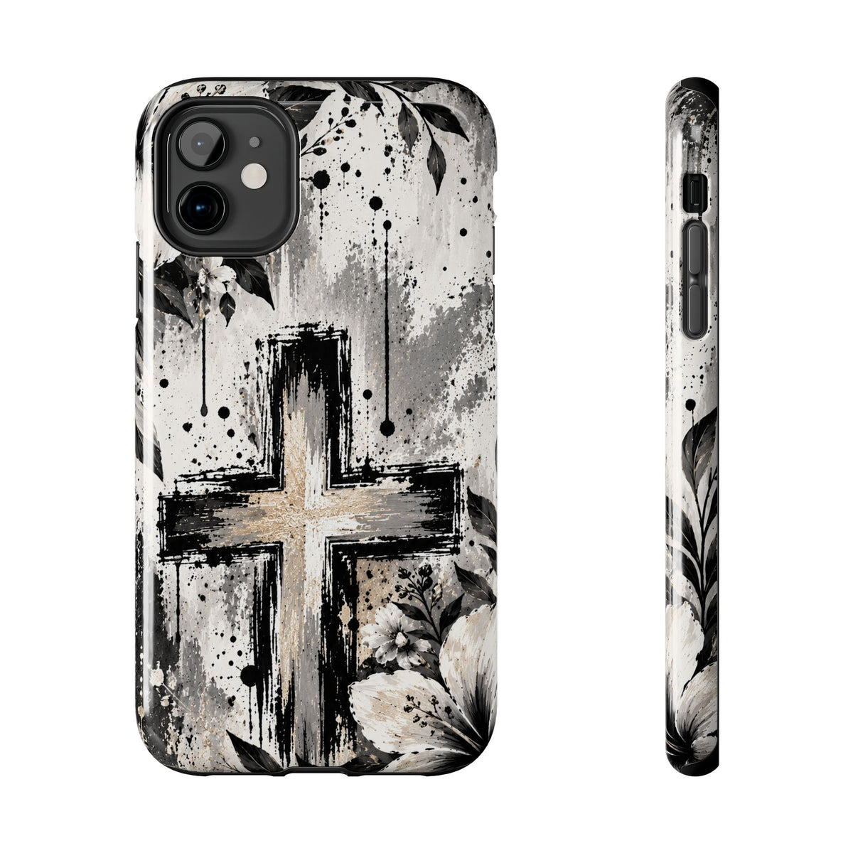 Black & White Floral Cross Christian Phone Case | Faith-Inspired Protective iPhone Case
