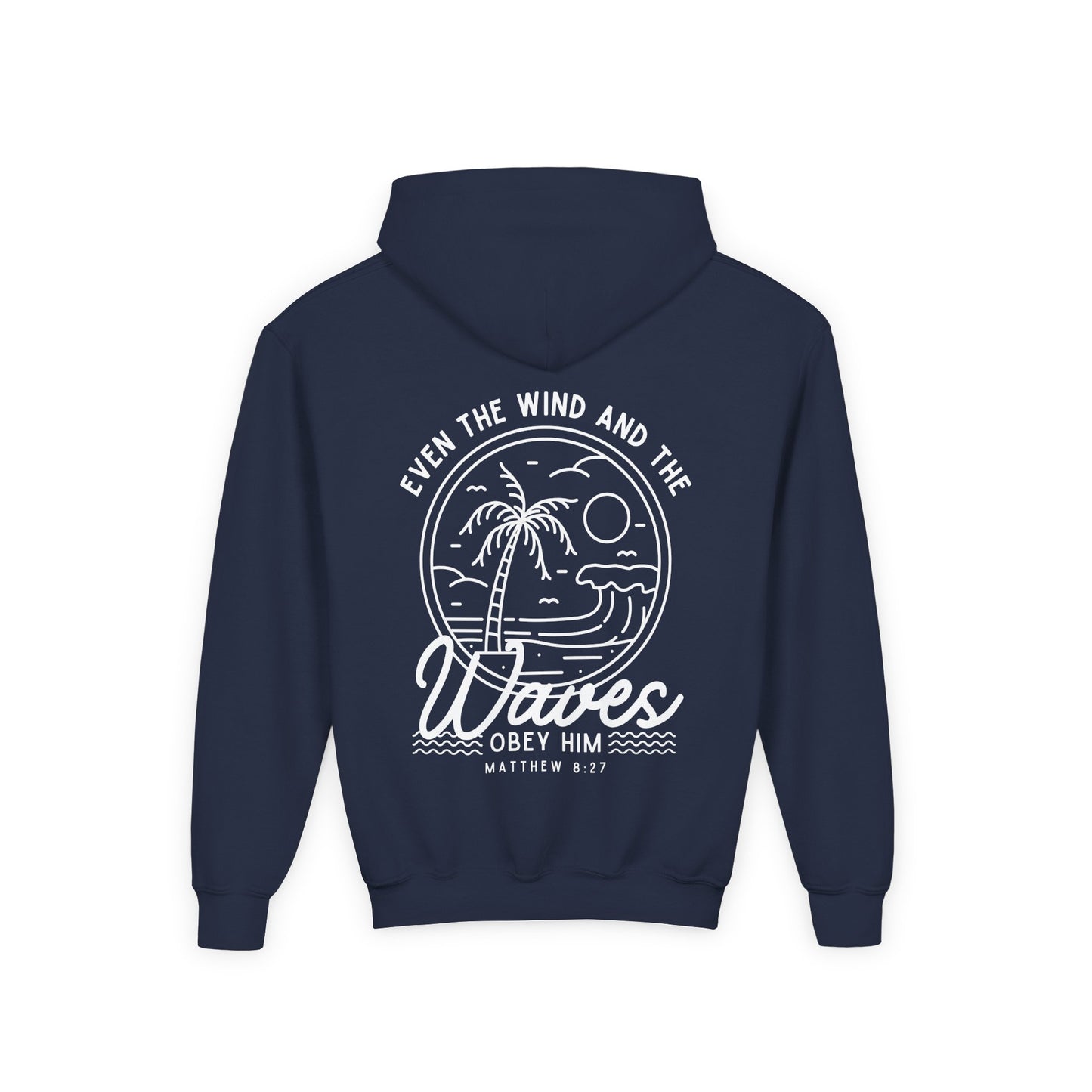Youth 'Even The Wind And The Waves Obey Him' Bible Verse Hoodie, Beach Vibes Kids Hooded Sweatshirt, Faith-Inspired Teen Hoodie