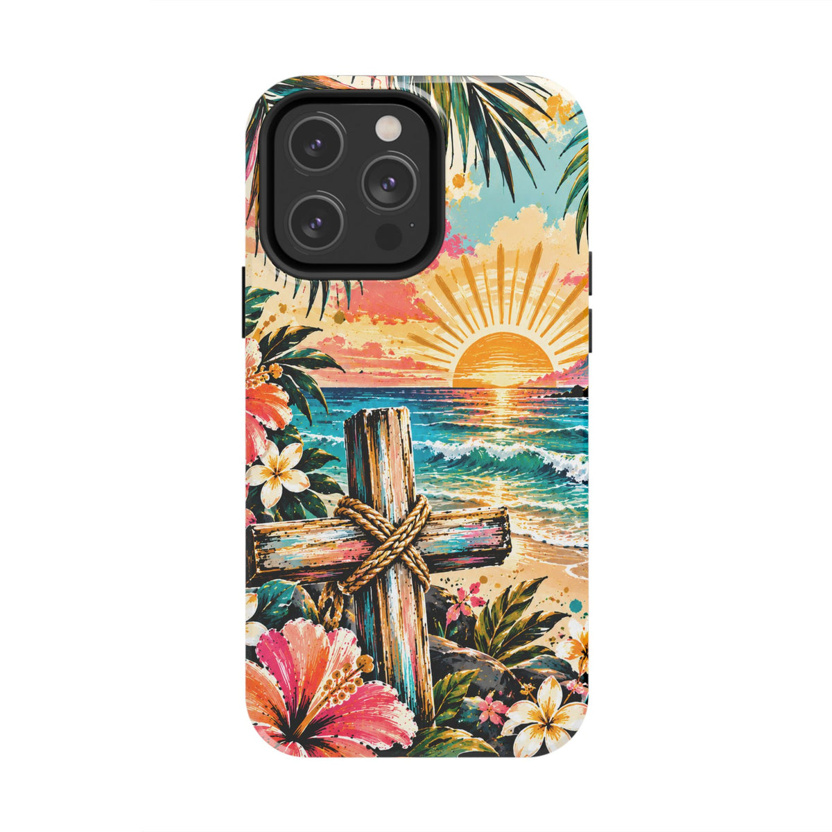 Tropical Cross Christian Phone Case | Beach Sunset & Floral Faith-Inspired Protective Case