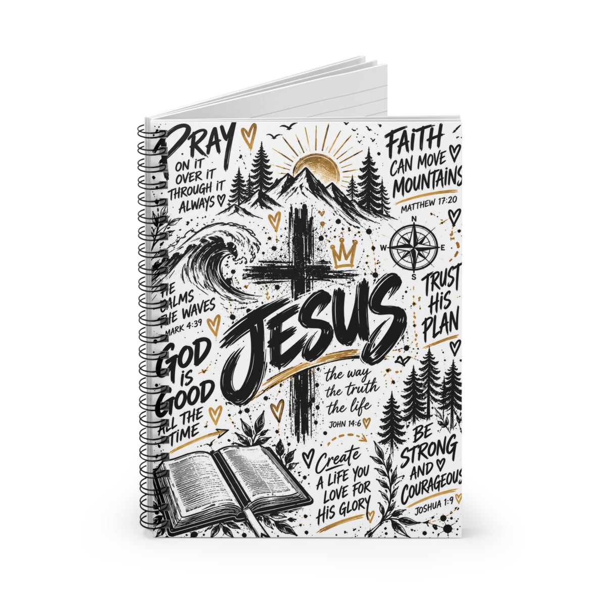 Jesus Christian Spiral Notebook – Faith-Inspired Journal with Bible Verses | Black, White & Gold Design