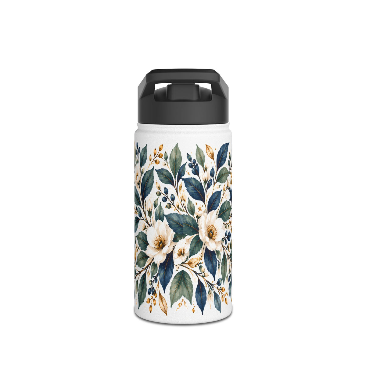 Be Still and Know Psalm 46:10 Christian insulated stainless steel water bottle featuring navy blue, sage green, and gold watercolor botanical artwork.