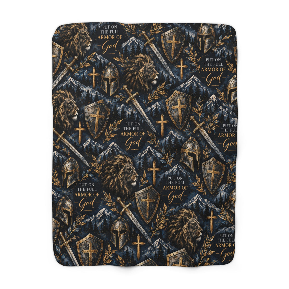 Armor of God Christian sherpa blanket featuring Ephesians 6:11, lions, medieval swords, shields, helmets, and gold crosses on a dark navy background.