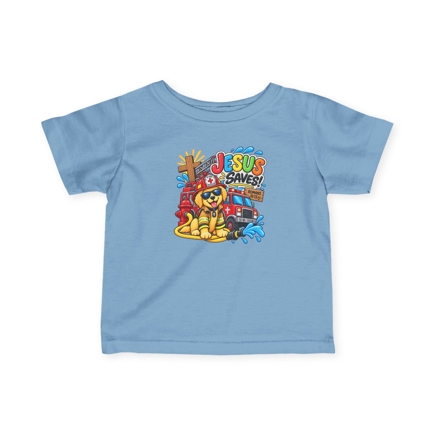 Jesus Saves Firefighter Puppy Infant T-Shirt | Christian Baby Bible Verse Tee | Romans 10:13 Faith Shirt