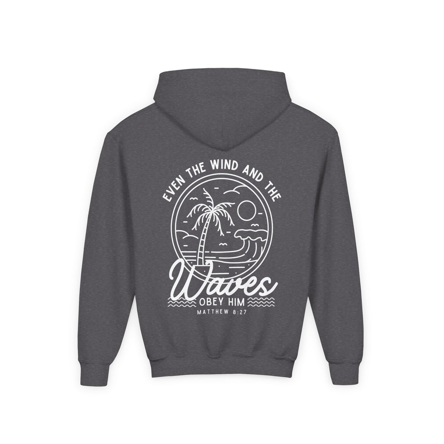 Youth 'Even The Wind And The Waves Obey Him' Bible Verse Hoodie, Beach Vibes Kids Hooded Sweatshirt, Faith-Inspired Teen Hoodie
