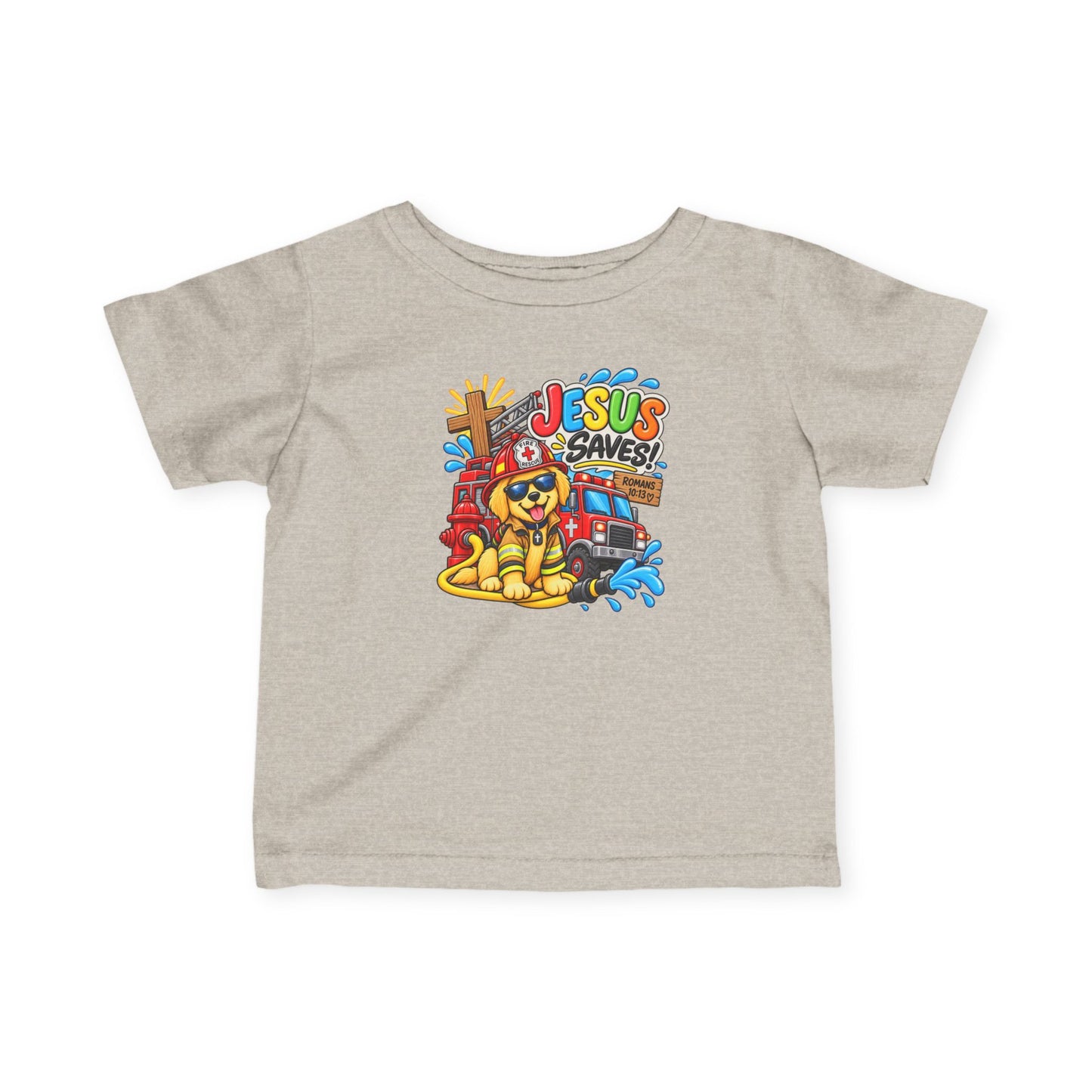 Jesus Saves Firefighter Puppy Infant T-Shirt | Christian Baby Bible Verse Tee | Romans 10:13 Faith Shirt