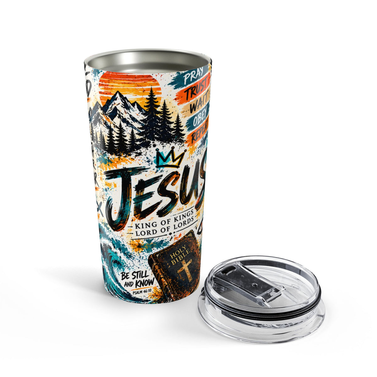 Jesus King of Kings 20oz Christian Tumbler | Colorful Faith-Inspired Travel Cup with Bible Verses