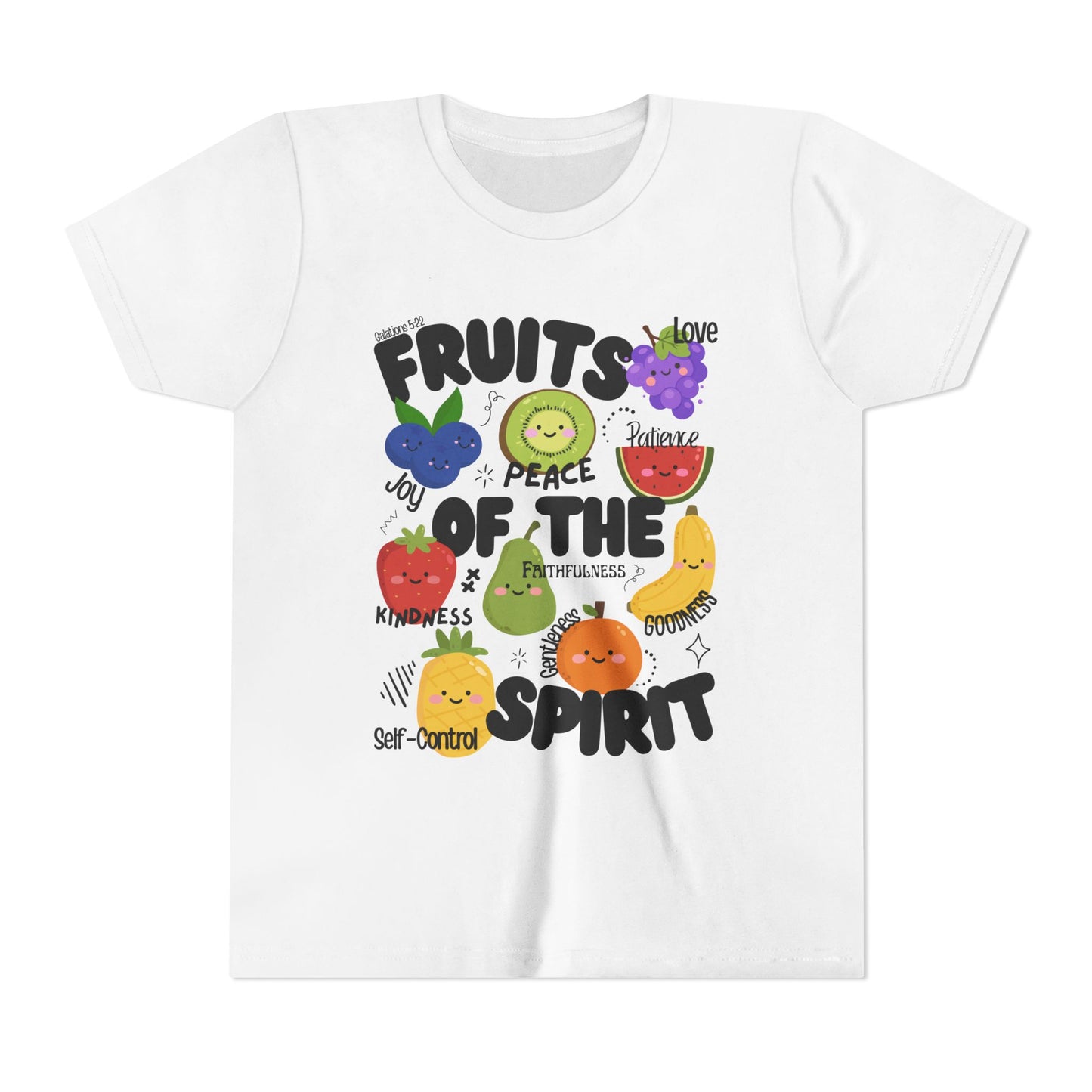 'Fruits of the Spirit' Kids Christian T-Shirt, Youth Bible Verse T-Shirt (Peace, Joy, Kindness)