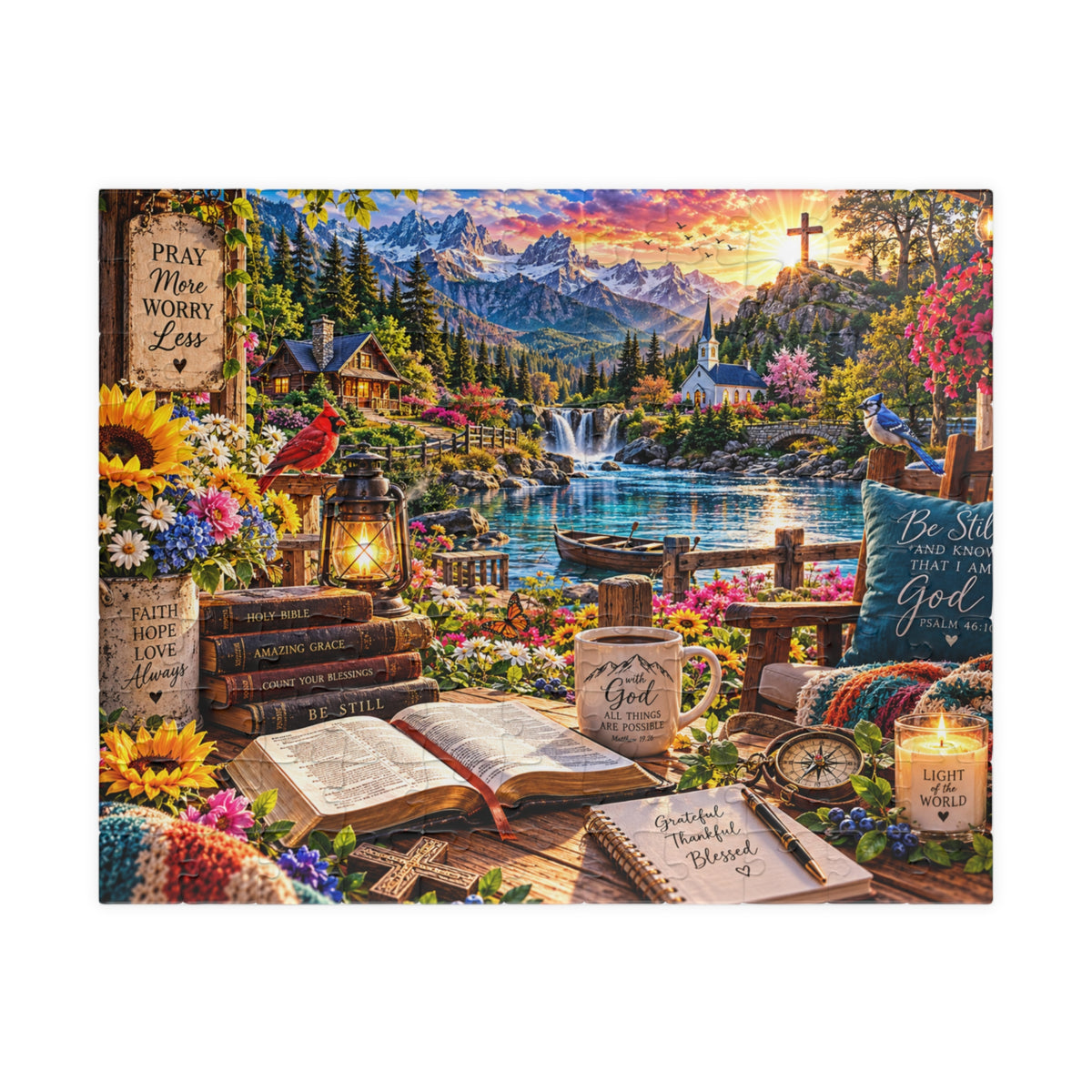 Christian Bible verse jigsaw puzzle featuring a mountain lake, waterfall, chapel, colorful flowers, open Bible, and Pray More Worry Less faith-inspired artwork.