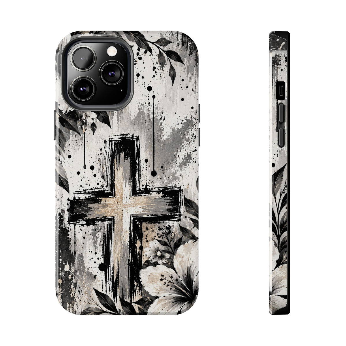 Black & White Floral Cross Christian Phone Case | Faith-Inspired Protective iPhone Case