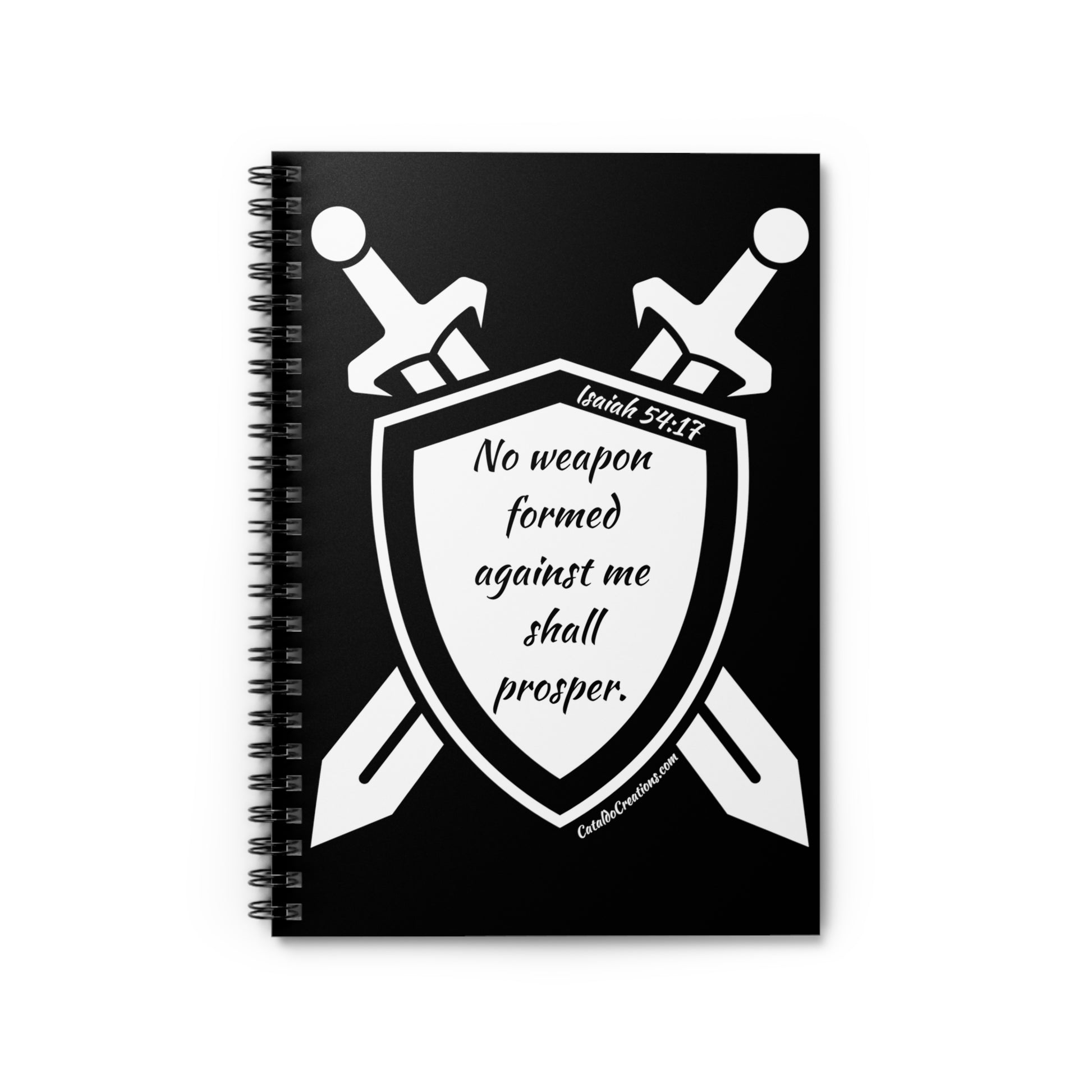 This notebook is a a bold reminder of God's word in Isaiah 54:17., that 'No weapon formed against you shall prosper.'   Great for bible study, journaling, shopping lists, school notes, prayers or poems - this bible verse spiral notebook with ruled line paper is a perfect companion in everyday life. The durable printed cover makes the owner proud to carry it everywhere.