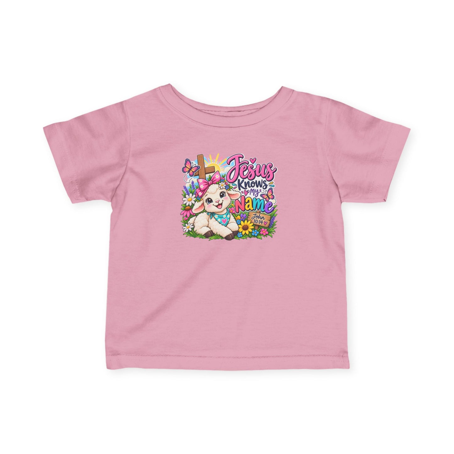 Jesus Knows My Name Infant Christian T-Shirt – John 10:14 Bible Verse Baby Girl Tee with Lamb