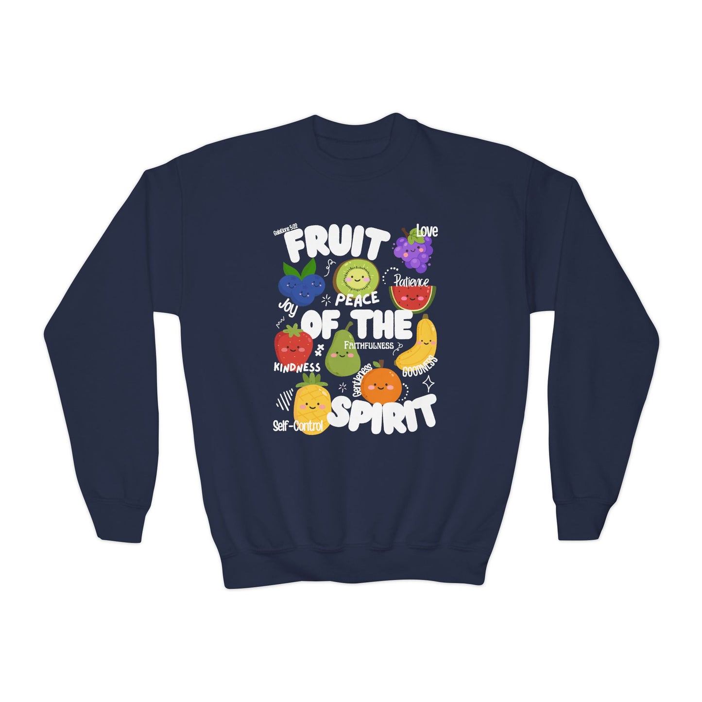 Kids Fruit of the Spirit Christian Crewneck Sweatshirt | Galatians 5:22–23 Youth Bible Verse Sweatshirt