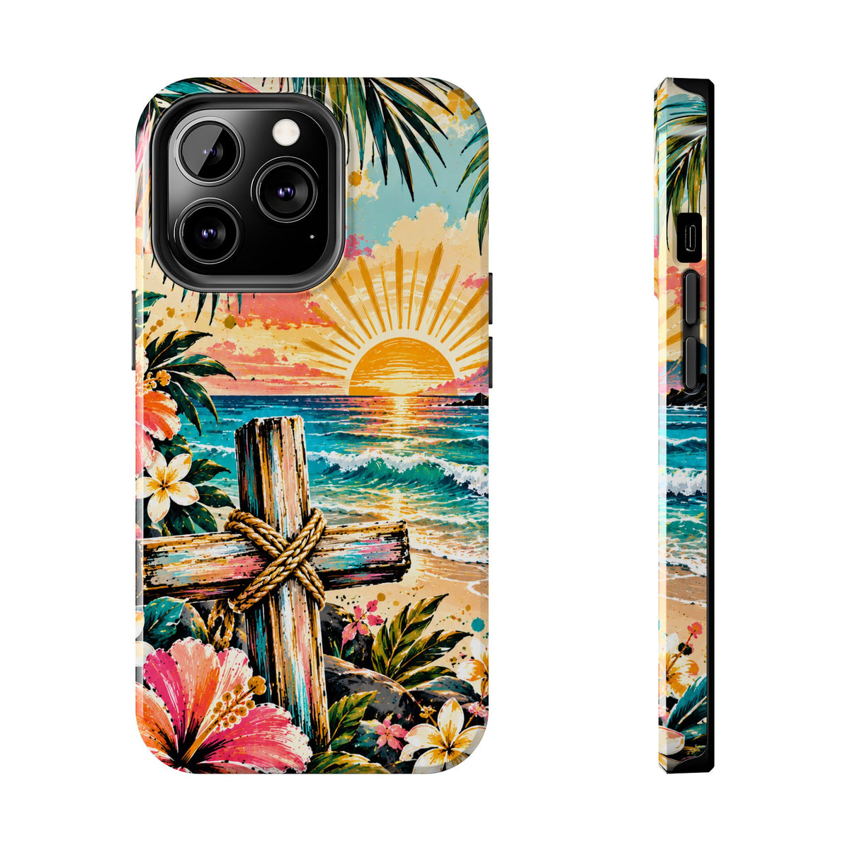 Tropical Cross Christian Phone Case | Beach Sunset & Floral Faith-Inspired Protective Case