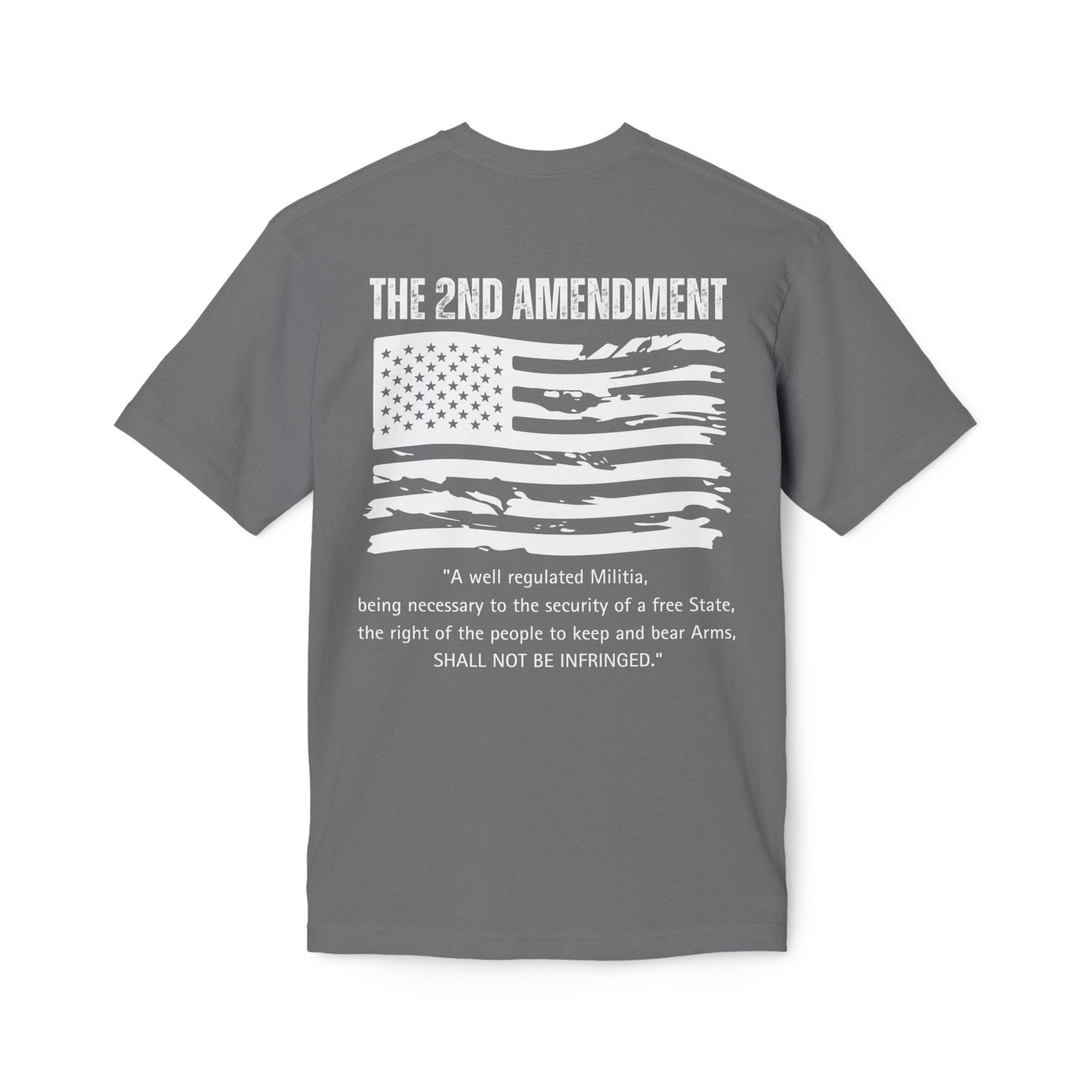 Gray t-shirt with American flag graphic and text on a white background
