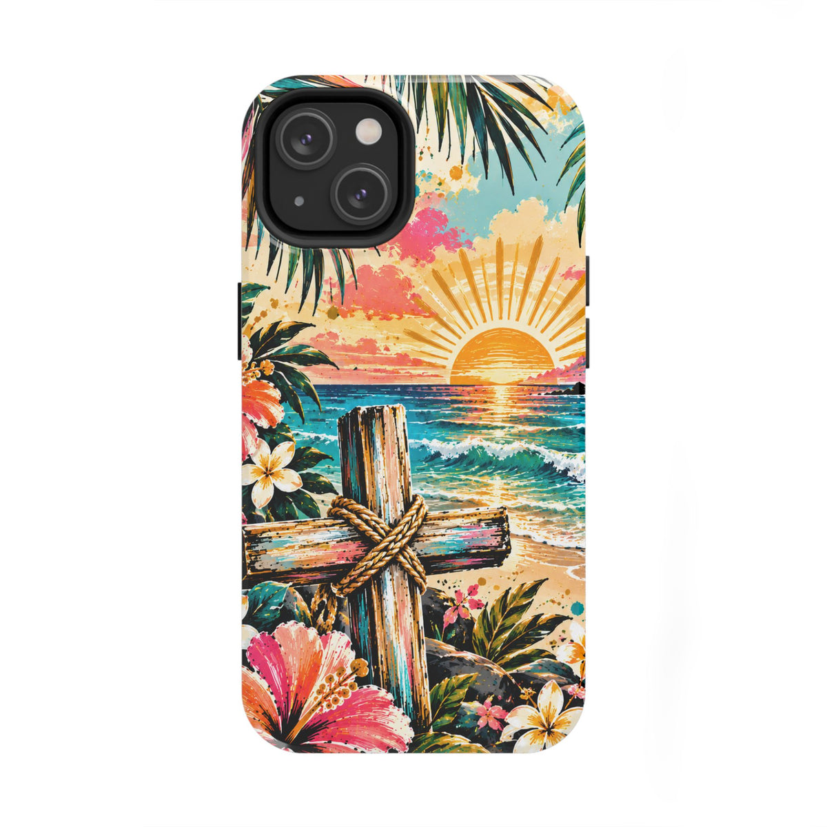 Tropical Cross Christian Phone Case | Beach Sunset & Floral Faith-Inspired Protective Case