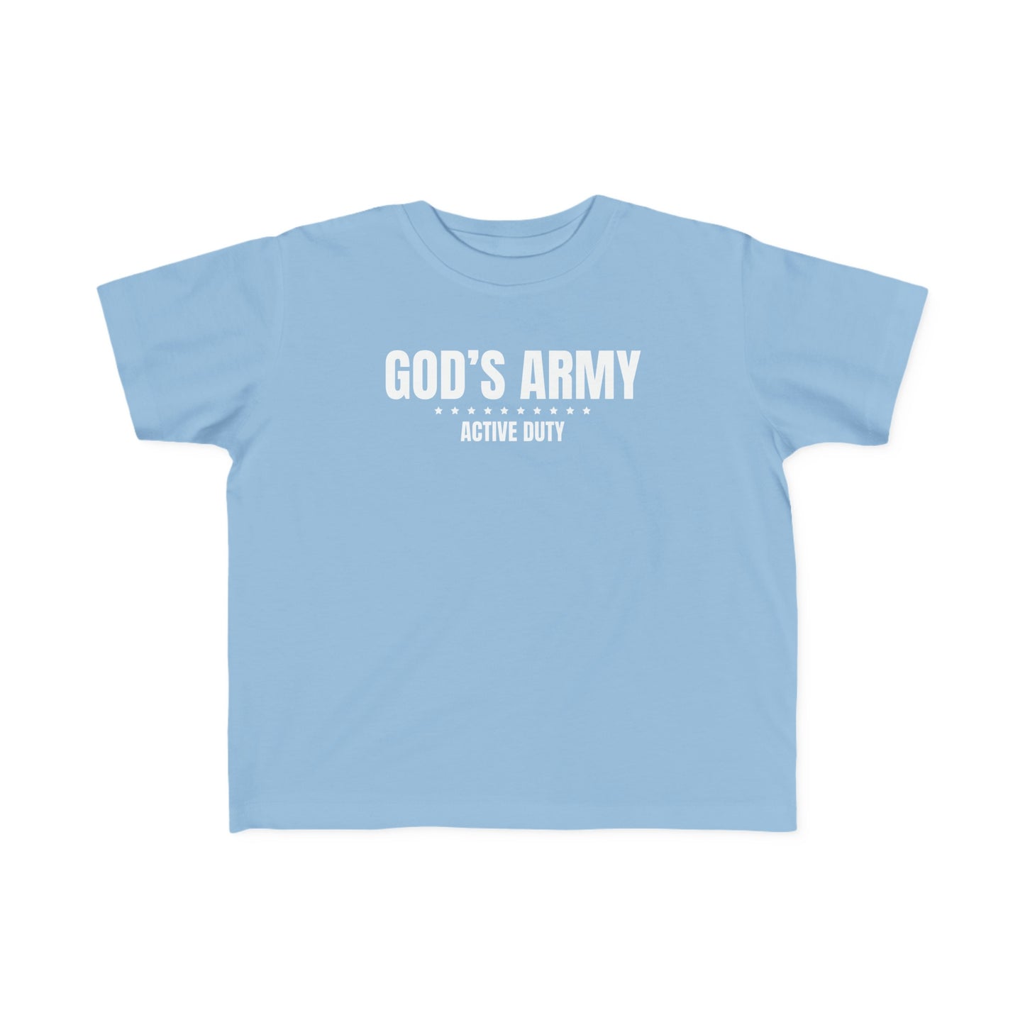 Called to Serve in God's Army. This is a beautiful faith based t-shirt for your children or as a gift for a child of God in your life. Across the chest reads, 'God's Army, Active Duty'.  Make sure to grab one for yourself by checking out the Adult versions of the beautiful Christian Tee, also available on my shop! Cataldo Creations Christian Toddler Tee