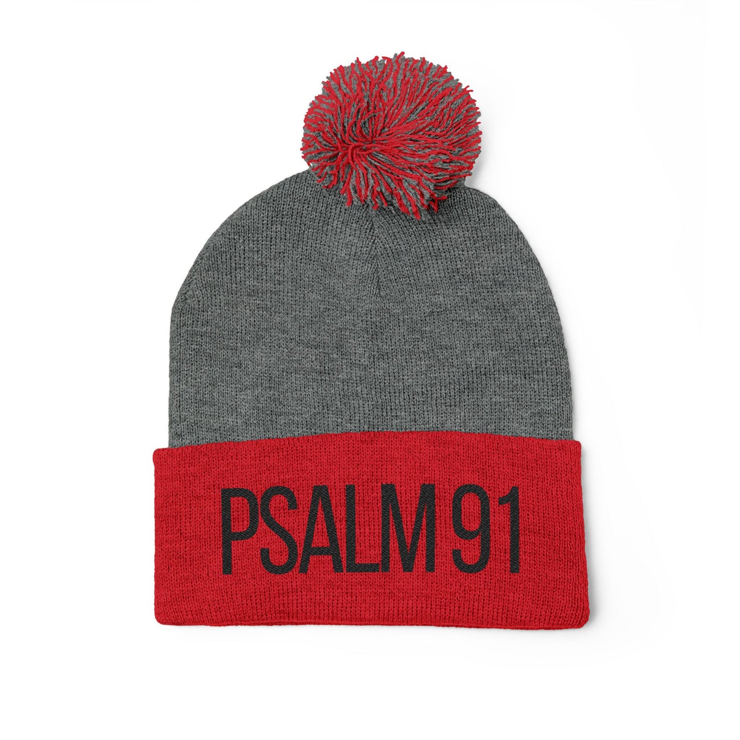 Gray and red beanie with 'Psalm 91' text on a white background