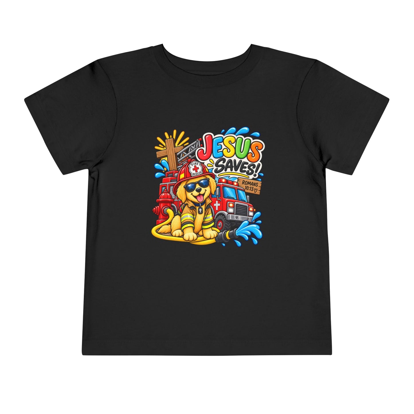 Jesus Saves Firefighter Puppy Toddler T-Shirt | Christian Bible Verse Tee for Boys & Girls | Romans 10:13 Faith Shirt