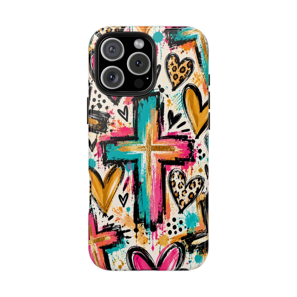Jesus Cross & Hearts Christian Phone Case | Colorful Faith-Inspired Protective Case for iPhone & Samsung Galaxy